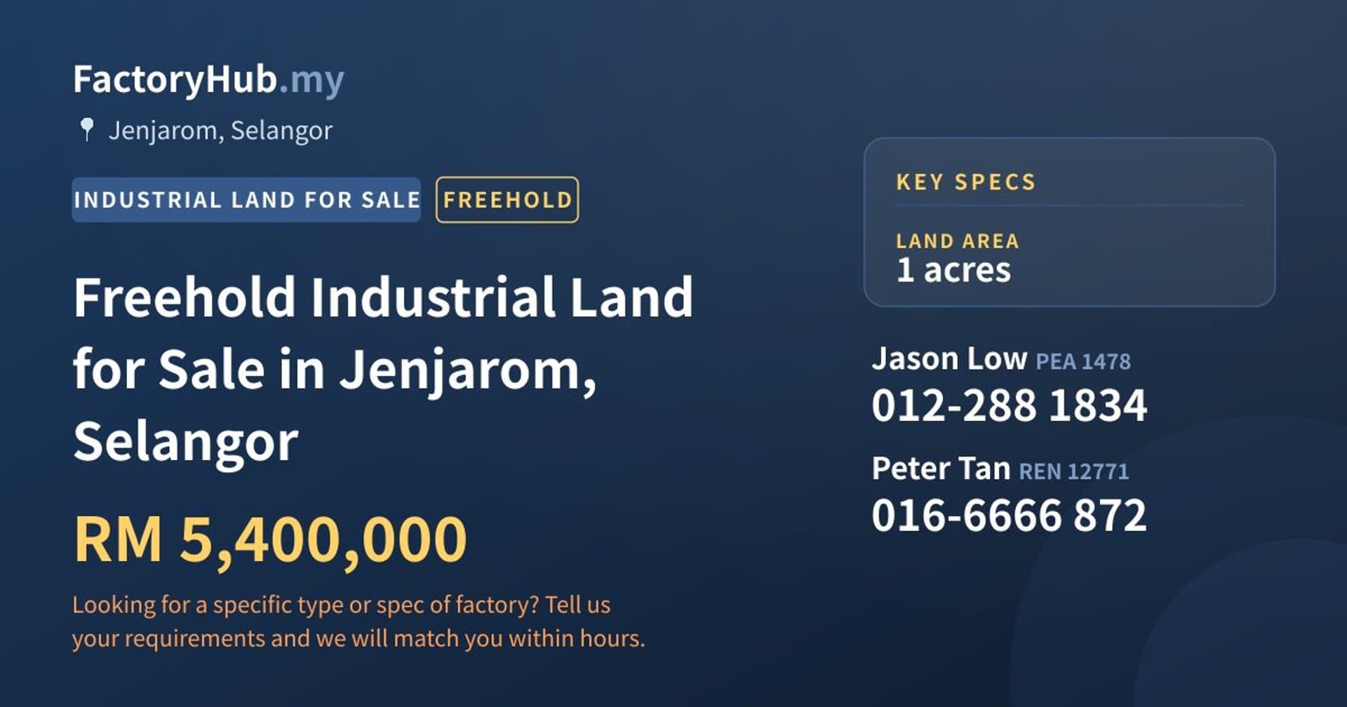 Freehold Industrial Land for Sale in Jenjarom, Selangor - Property image 1 of 2
