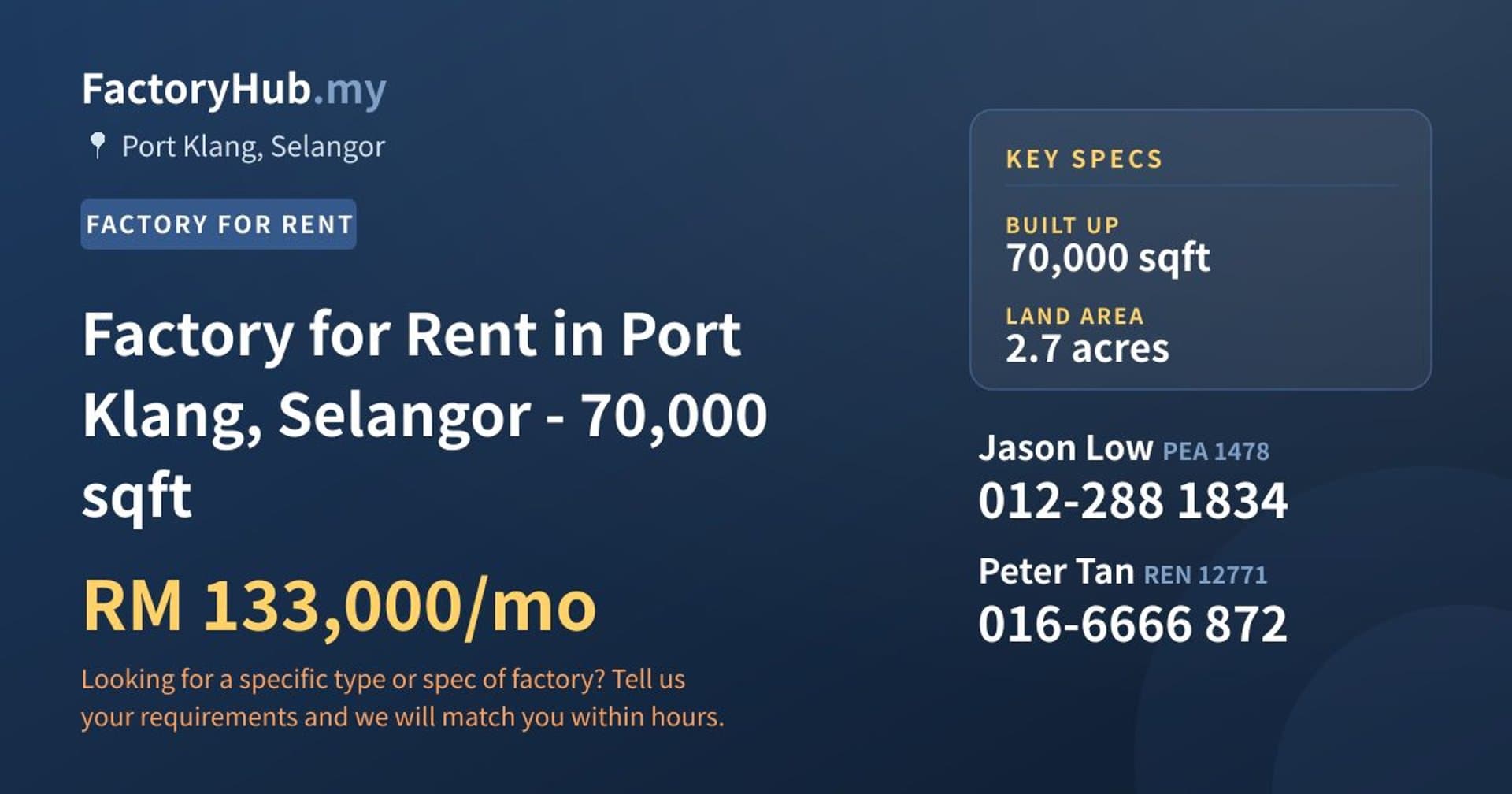 Factory for Rent in Port Klang, Selangor - 70,000 sqft - Property image 1 of 2