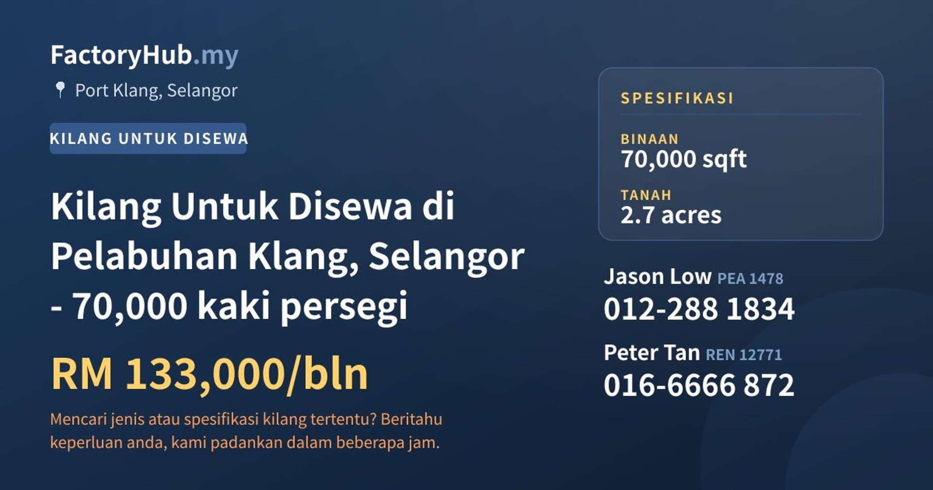 Kilang Untuk Disewa di Pelabuhan Klang, Selangor - 70,000 kaki persegi · Imej hartanah 1/2