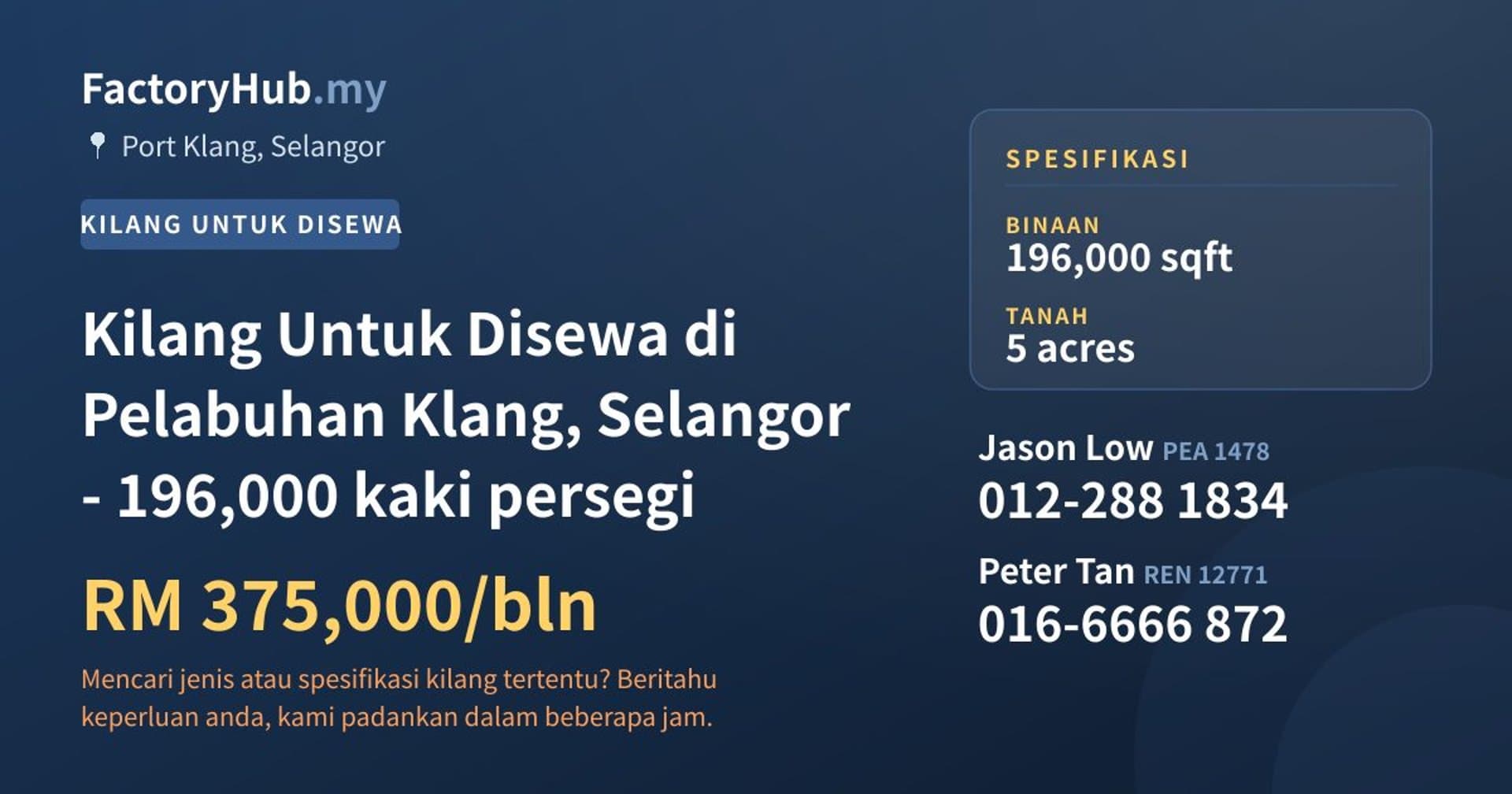 Kilang Untuk Disewa di Pelabuhan Klang, Selangor - 196,000 kaki persegi · Imej hartanah 1/2