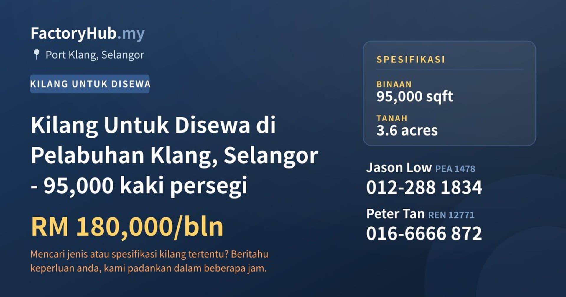 Kilang Untuk Disewa di Pelabuhan Klang, Selangor - 95,000 kaki persegi · Imej hartanah 1/2