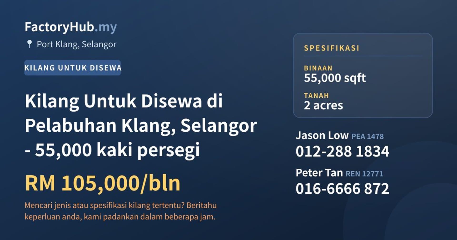 Kilang Untuk Disewa di Pelabuhan Klang, Selangor - 55,000 kaki persegi · Imej hartanah 1/2