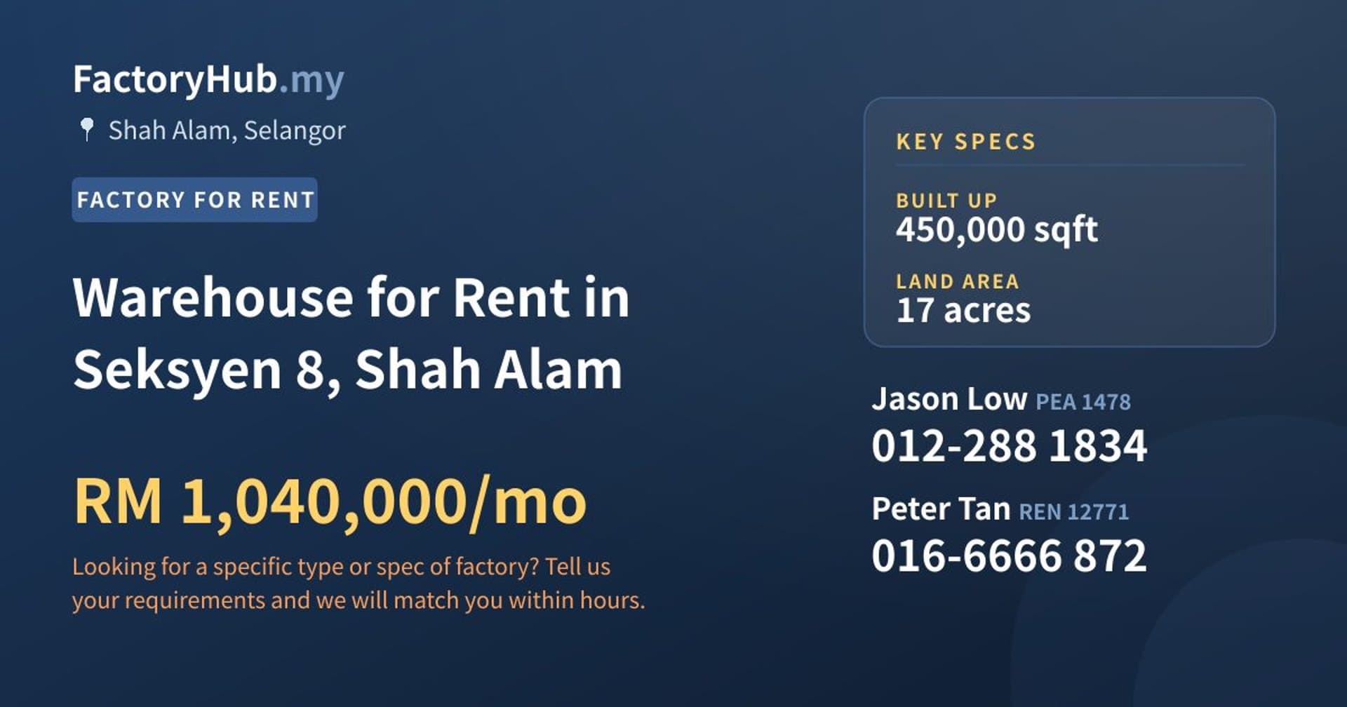 Warehouse for Rent in Seksyen 8, Shah Alam - Property image 1 of 2