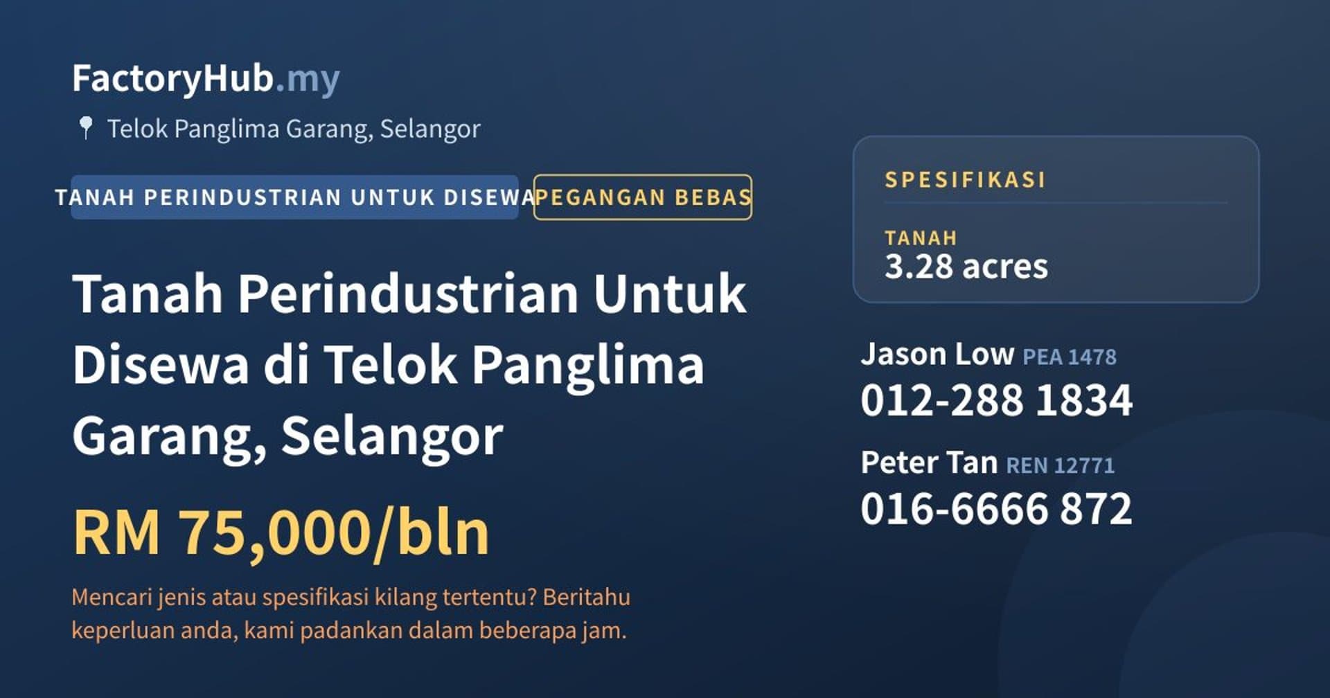 Tanah Perindustrian Untuk Disewa di Telok Panglima Garang, Selangor · Imej hartanah 1/2