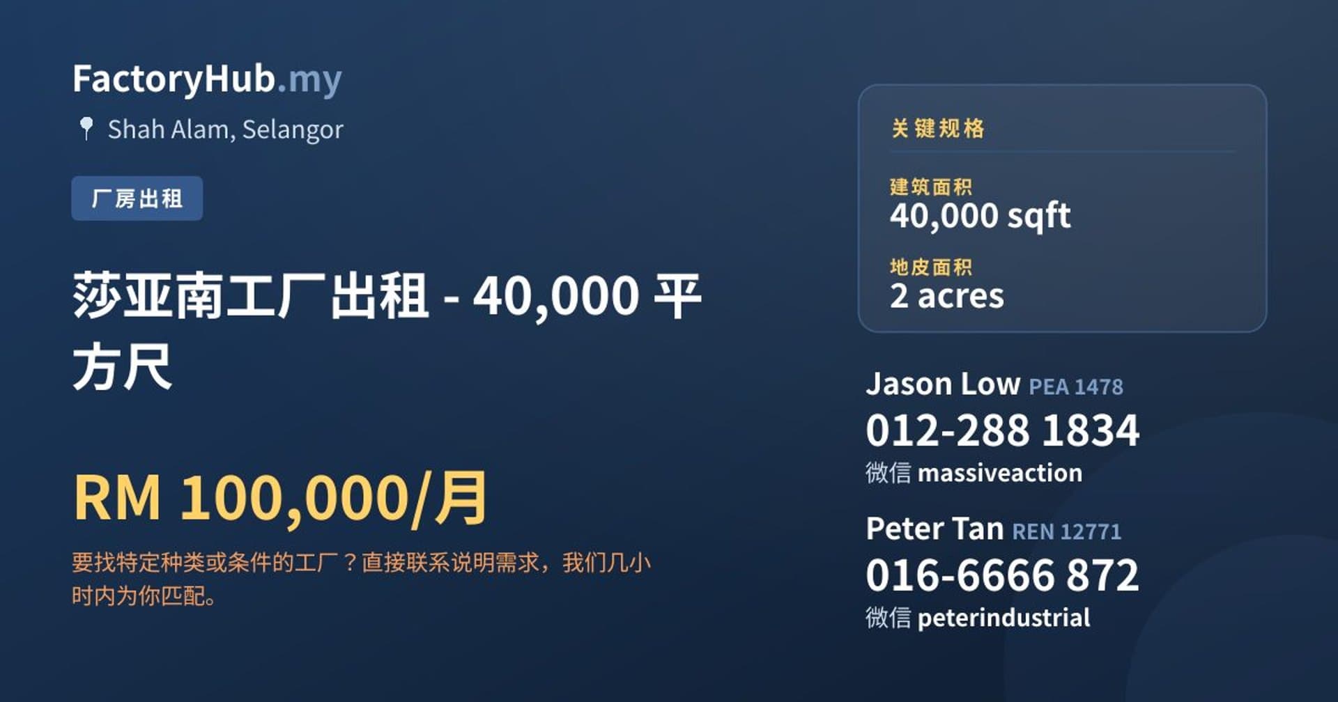 莎亚南工厂出租 - 40,000 平方尺 · 房源图片 1/2
