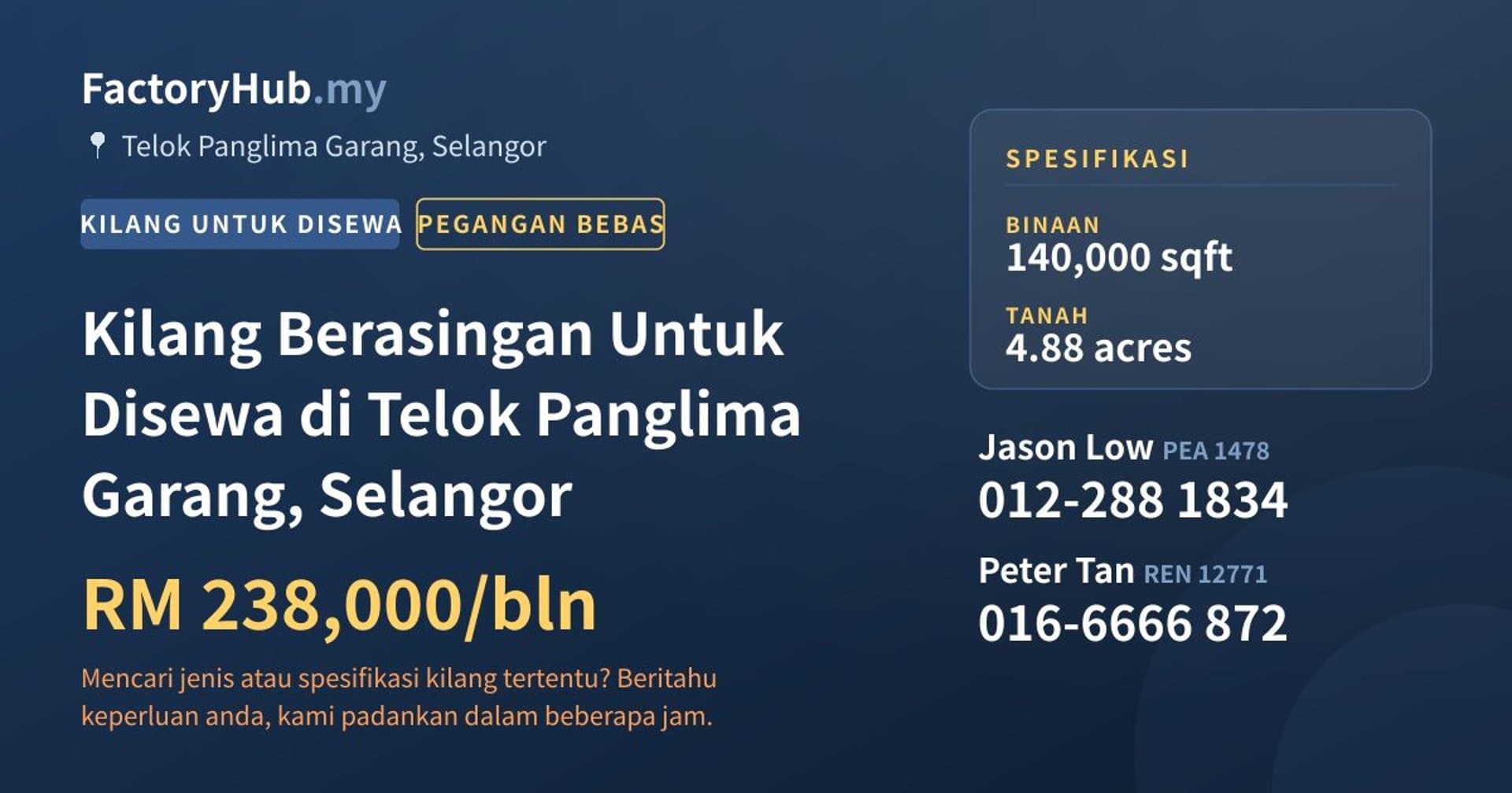 Kilang Berasingan Untuk Disewa di Telok Panglima Garang, Selangor · Imej hartanah 1/2