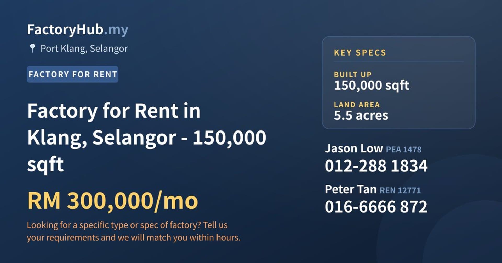 Factory for Rent in Klang, Selangor - 150,000 sqft - Property image 1 of 2