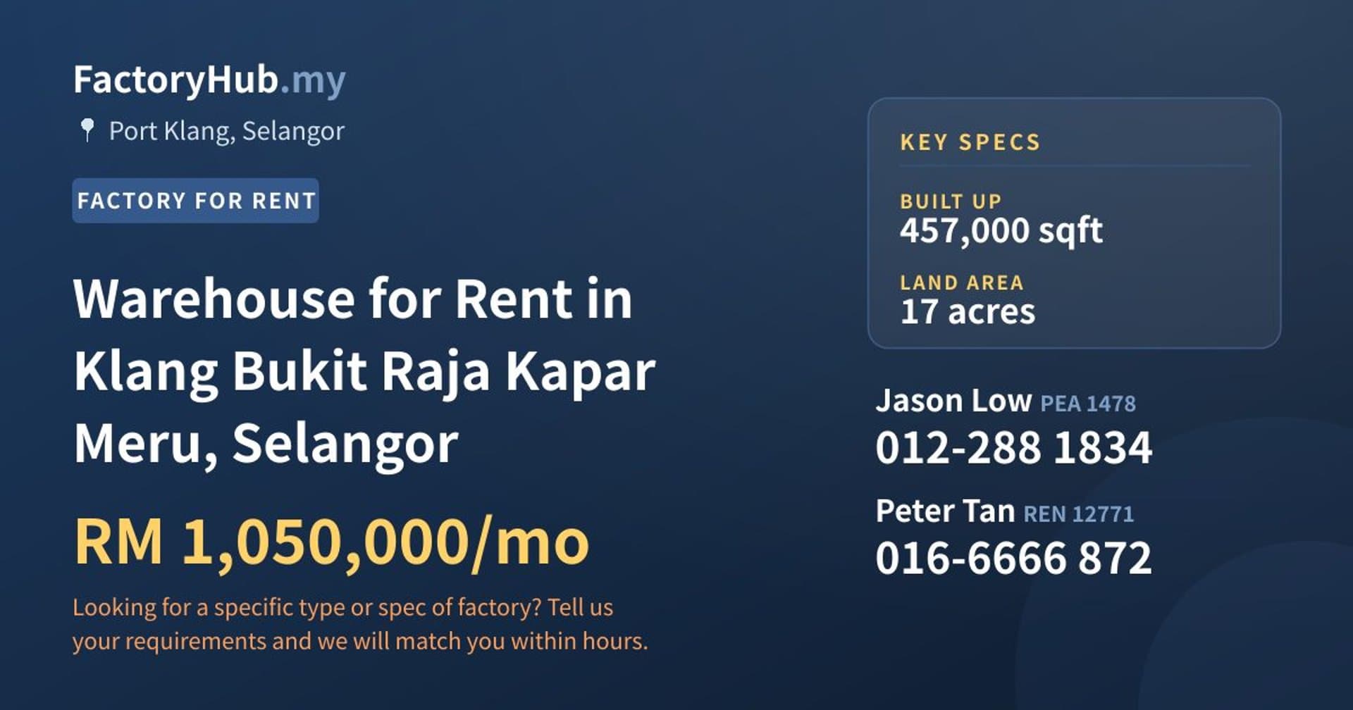 Warehouse for Rent in Klang Bukit Raja Kapar Meru, Selangor - Property image 1 of 2
