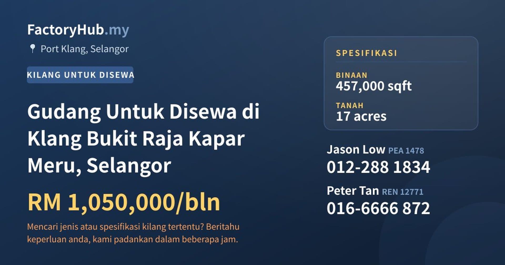 Gudang Untuk Disewa di Klang Bukit Raja Kapar Meru, Selangor · Imej hartanah 1/2