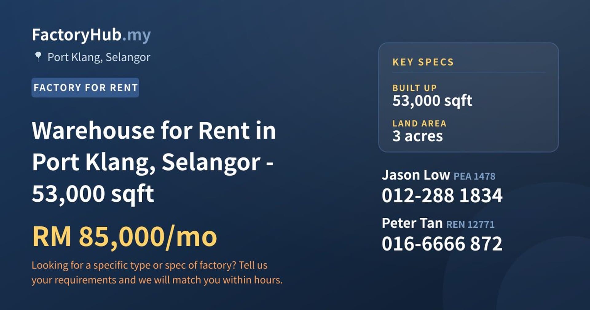Warehouse for Rent in Port Klang, Selangor - 53,000 sqft - Property image 1 of 2