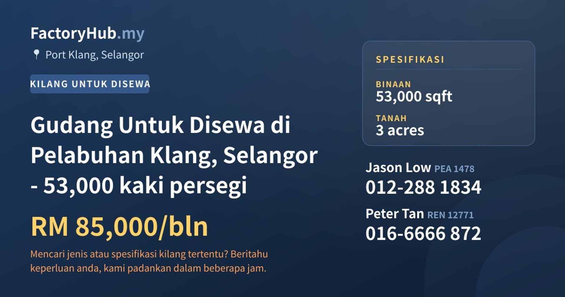 Gudang Untuk Disewa di Pelabuhan Klang, Selangor - 53,000 kaki persegi · Imej hartanah 1/2