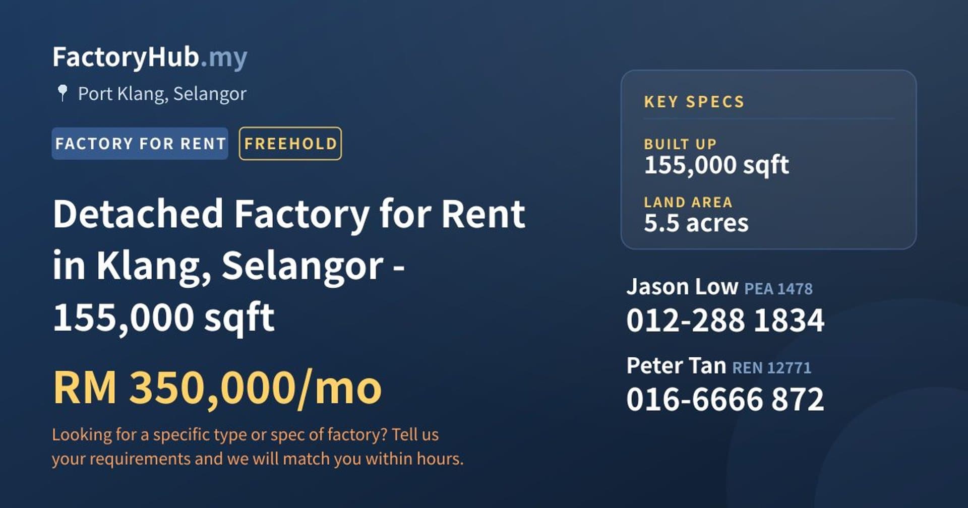 Detached Factory for Rent in Klang, Selangor - 155,000 sqft - Property image 1 of 2