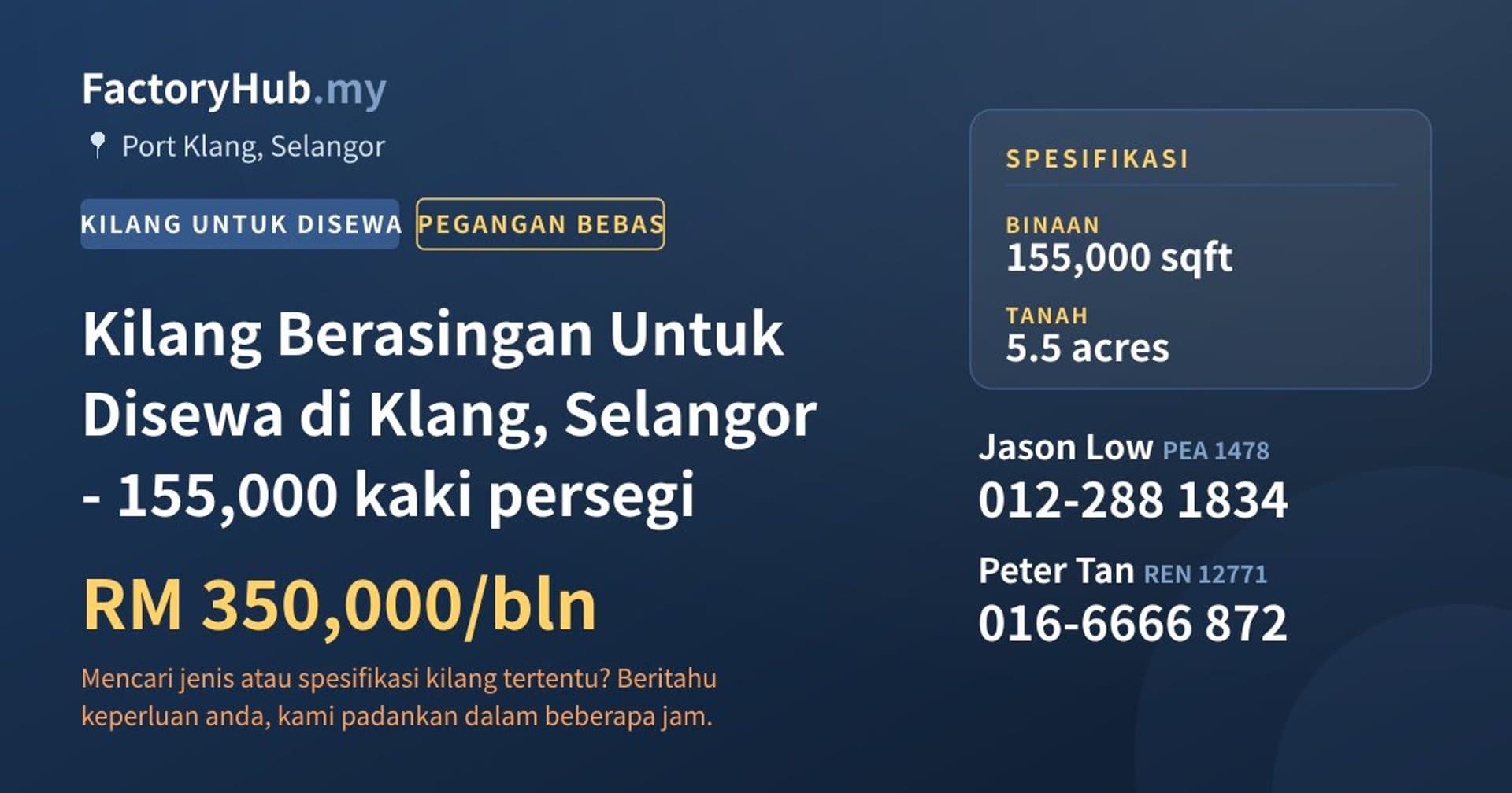 Kilang Berasingan Untuk Disewa di Klang, Selangor - 155,000 kaki persegi · Imej hartanah 1/2
