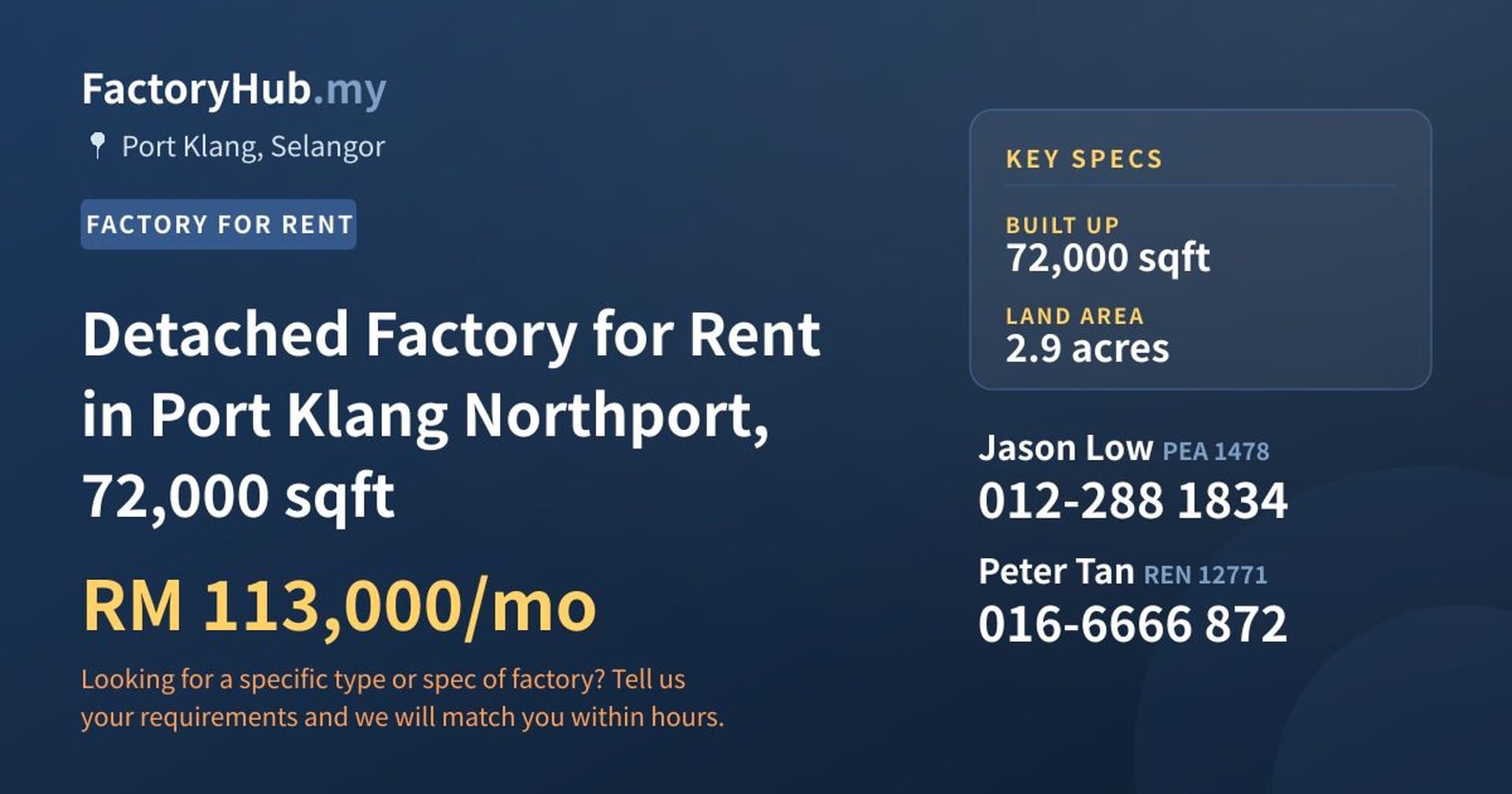 Detached Factory for Rent in Port Klang Northport, 72,000 sqft - Property image 1 of 2
