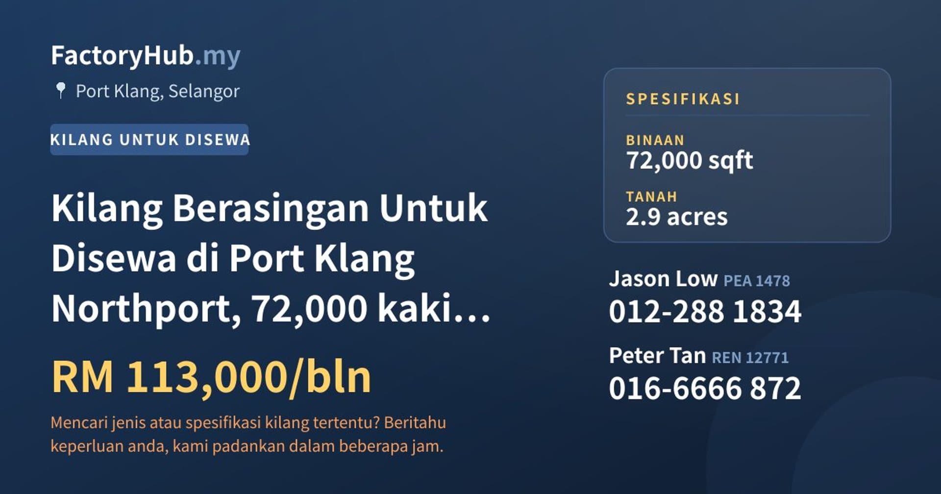Kilang Berasingan Untuk Disewa di Port Klang Northport, 72,000 kaki persegi · Imej hartanah 1/2