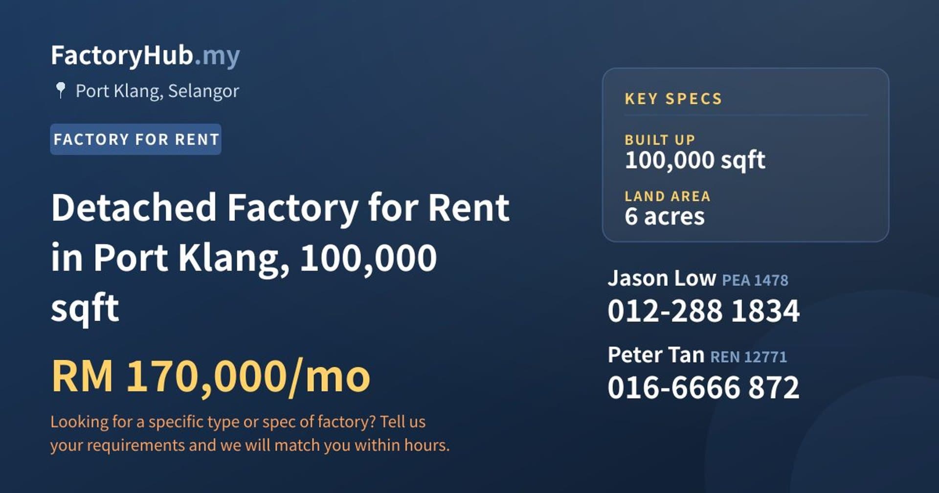 Detached Factory for Rent in Port Klang, 100,000 sqft - Property image 1 of 2