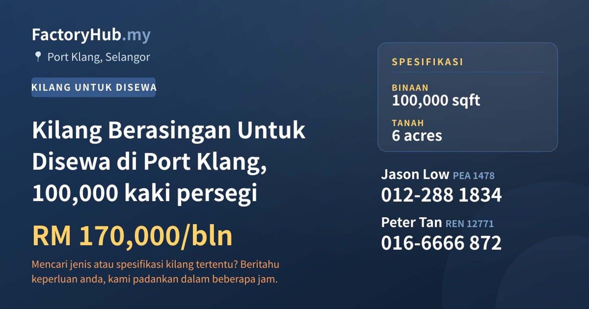 Kilang Berasingan Untuk Disewa di Port Klang, 100,000 kaki persegi · Imej hartanah 1/2