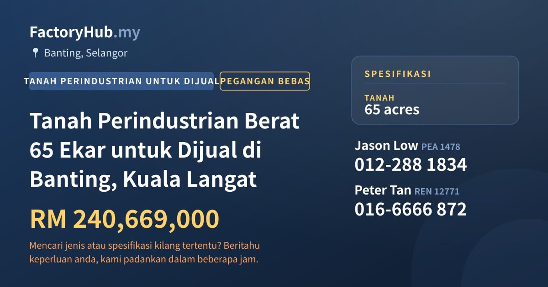 Tanah Perindustrian Berat 65 Ekar untuk Dijual di Banting, Kuala Langat · Imej hartanah 1/2