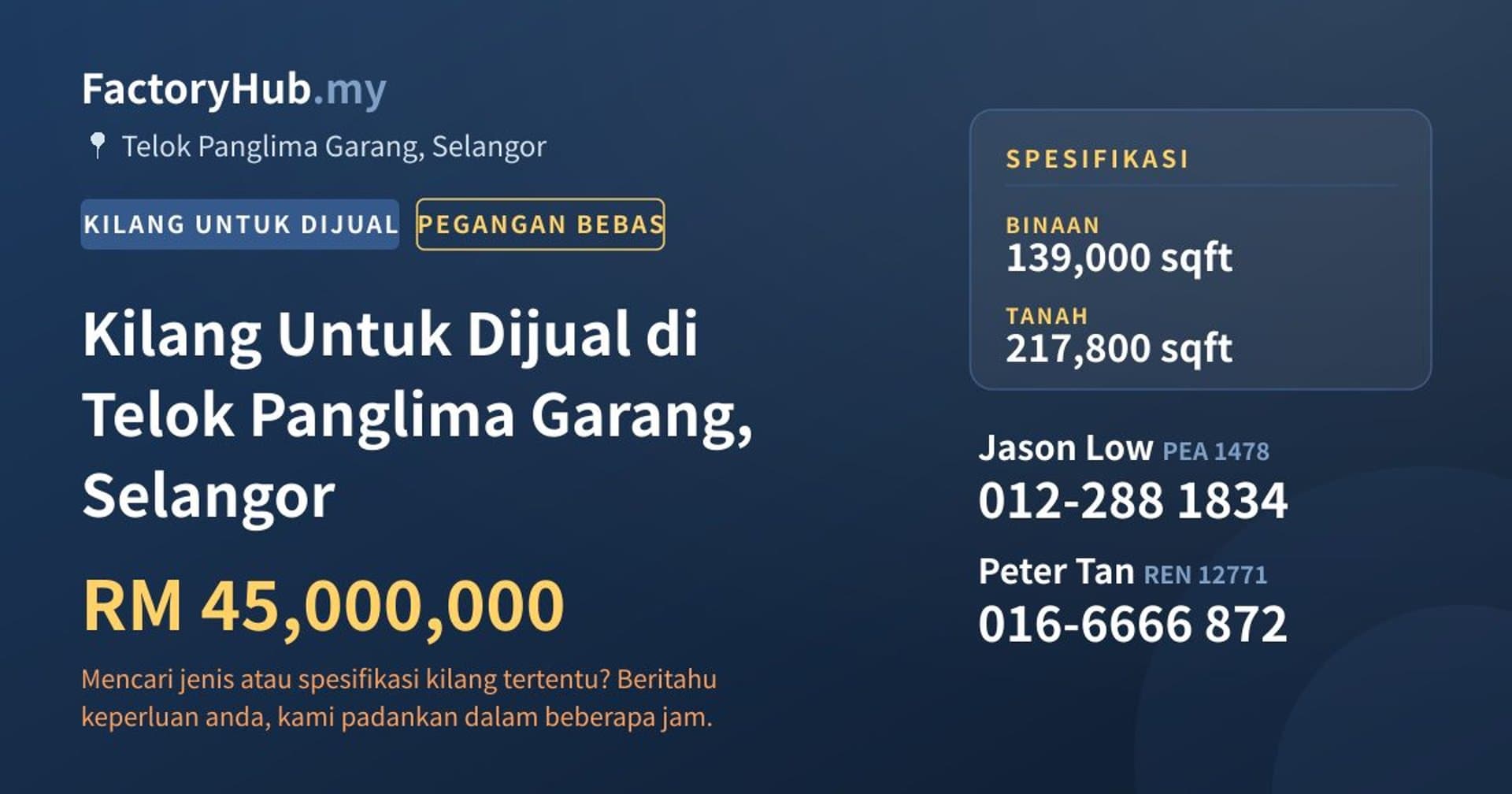 Kilang Untuk Dijual di Telok Panglima Garang, Selangor · Imej hartanah 1/2