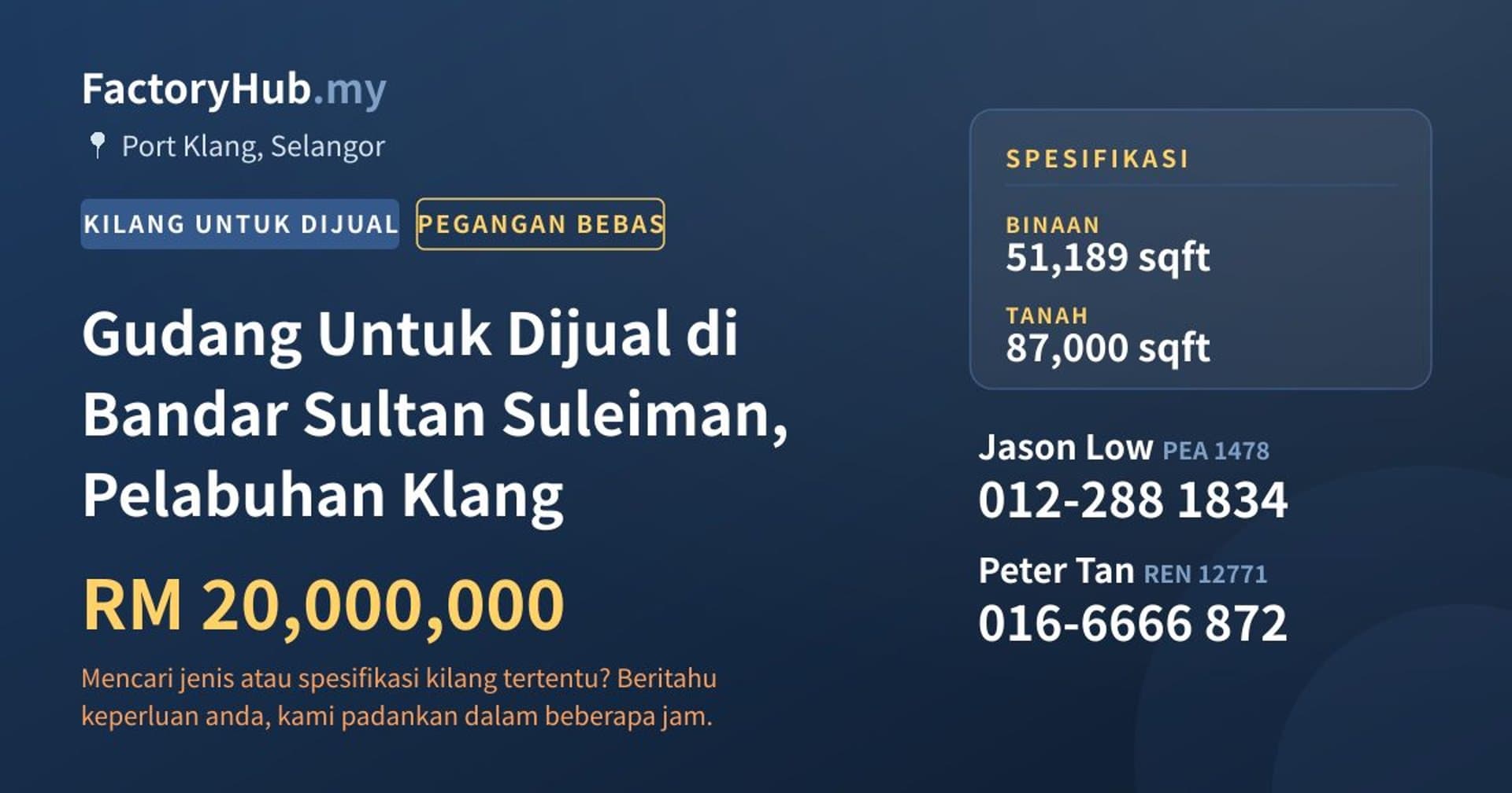 Gudang Untuk Dijual di Bandar Sultan Suleiman, Pelabuhan Klang · Imej hartanah 1/2