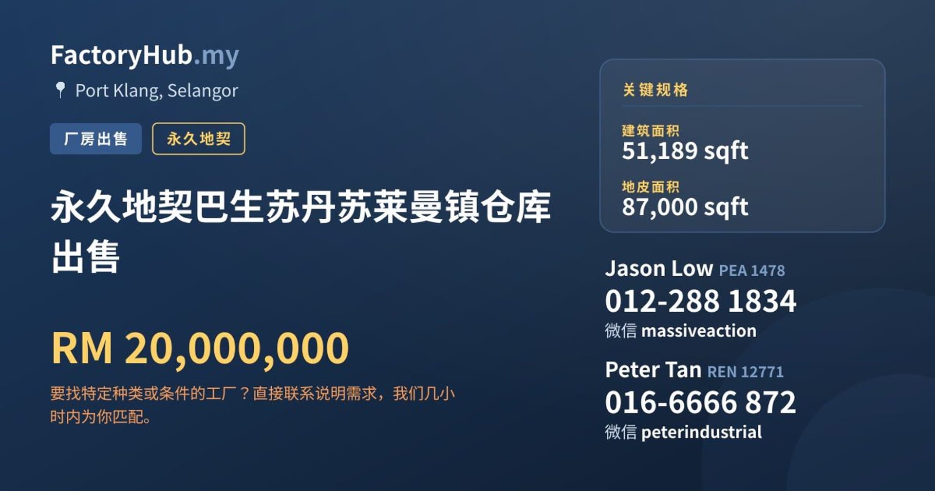永久地契巴生苏丹苏莱曼镇仓库出售 · 房源图片 1/2