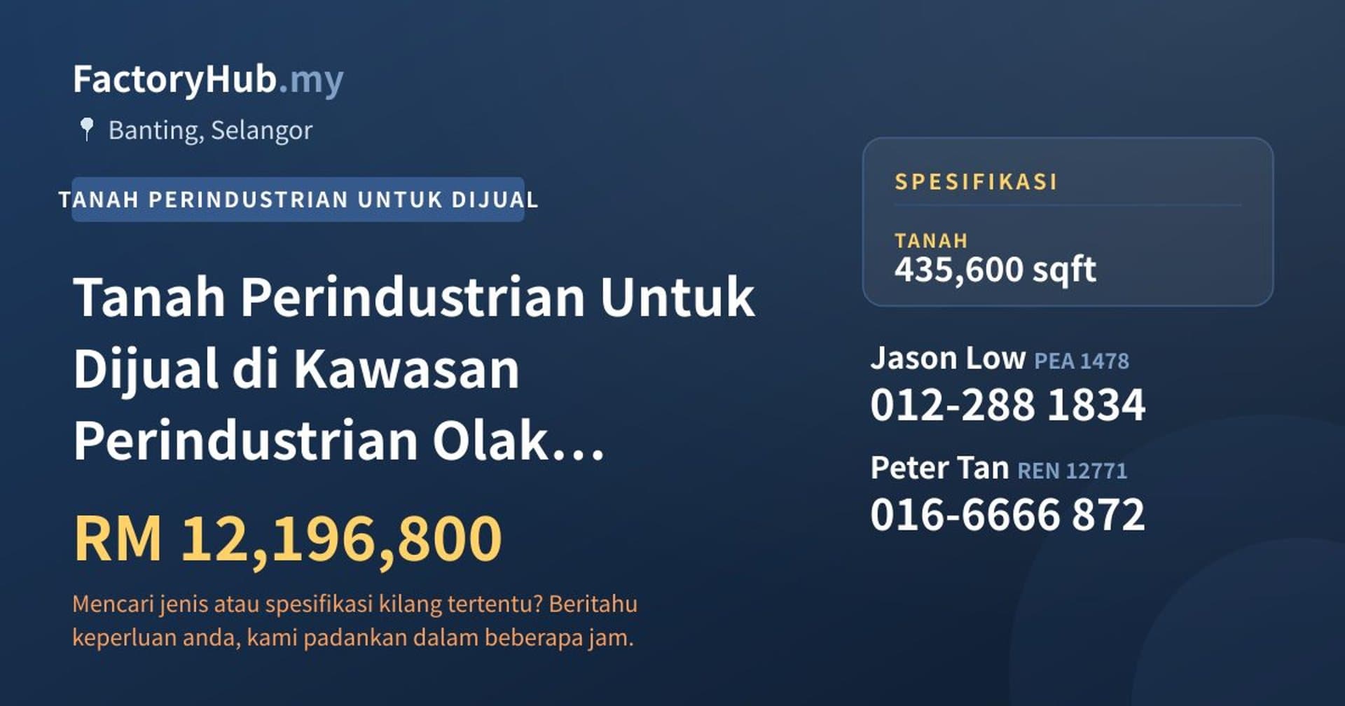 Tanah Perindustrian Untuk Dijual di Kawasan Perindustrian Olak Lempit, Banting · Imej hartanah 1/2