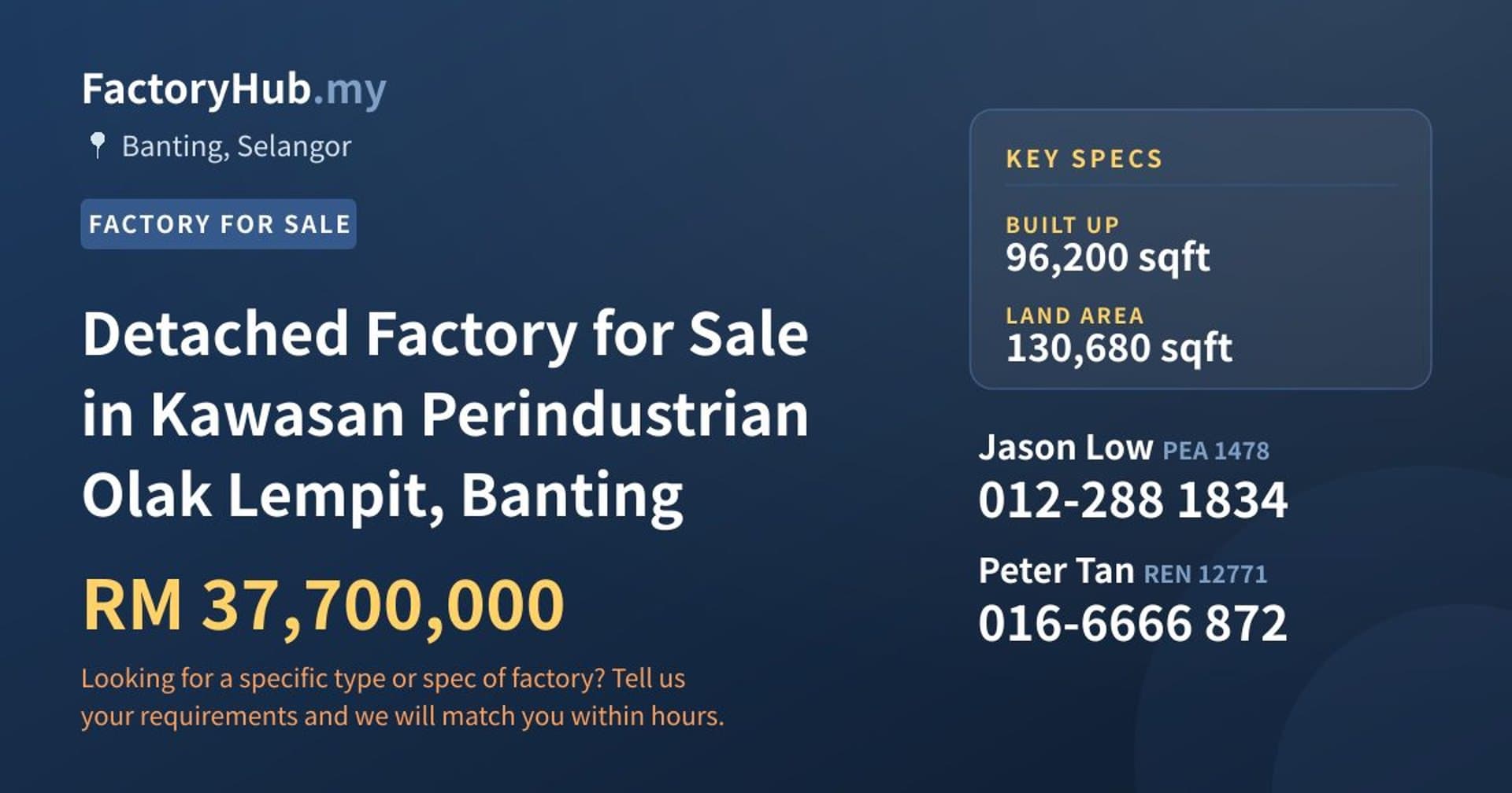 Detached Factory for Sale in Kawasan Perindustrian Olak Lempit, Banting - Property image 1 of 2