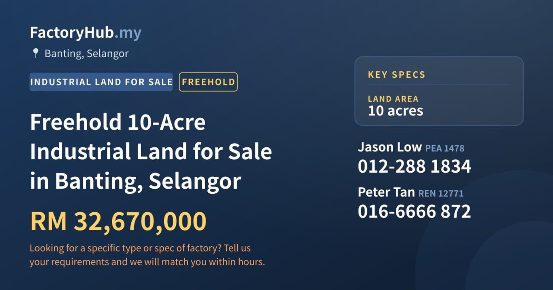 Freehold 10-Acre Industrial Land for Sale in Banting, Selangor - Property image 1 of 2