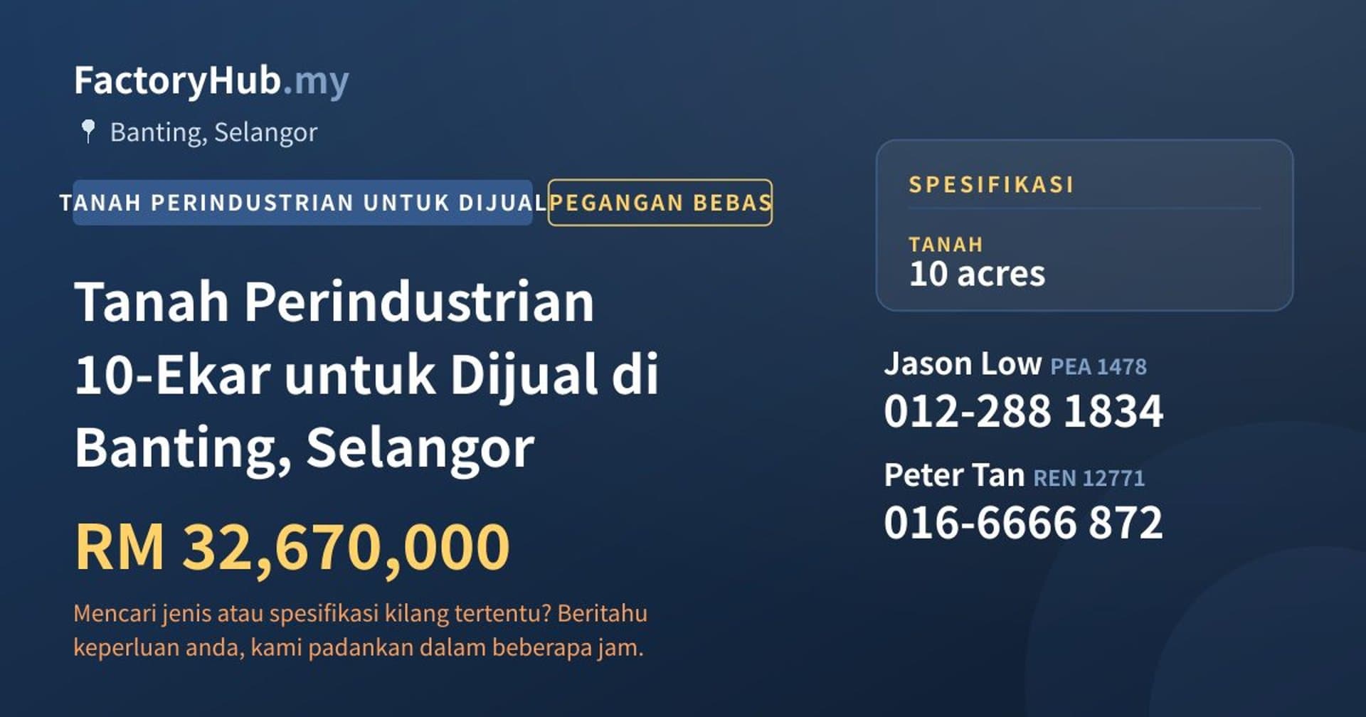 Tanah Perindustrian 10-Ekar untuk Dijual di Banting, Selangor · Imej hartanah 1/2