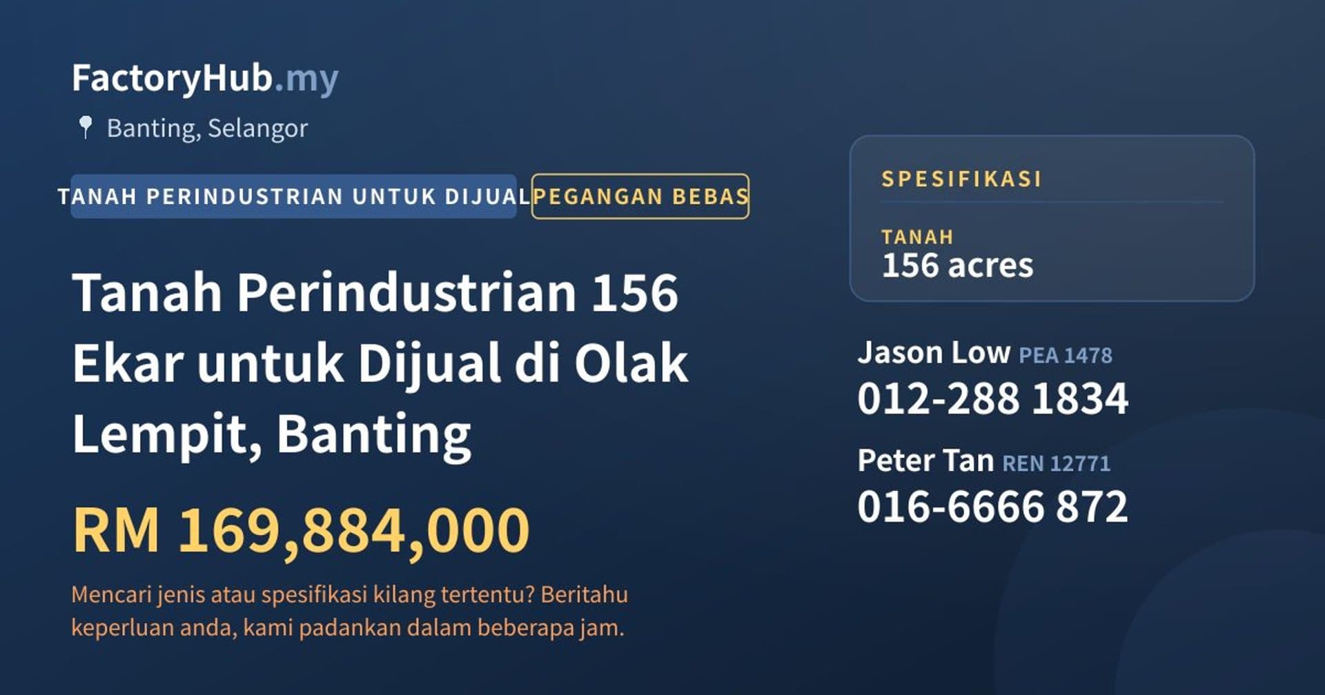 Tanah Perindustrian 156 Ekar untuk Dijual di Olak Lempit, Banting · Imej hartanah 1/2