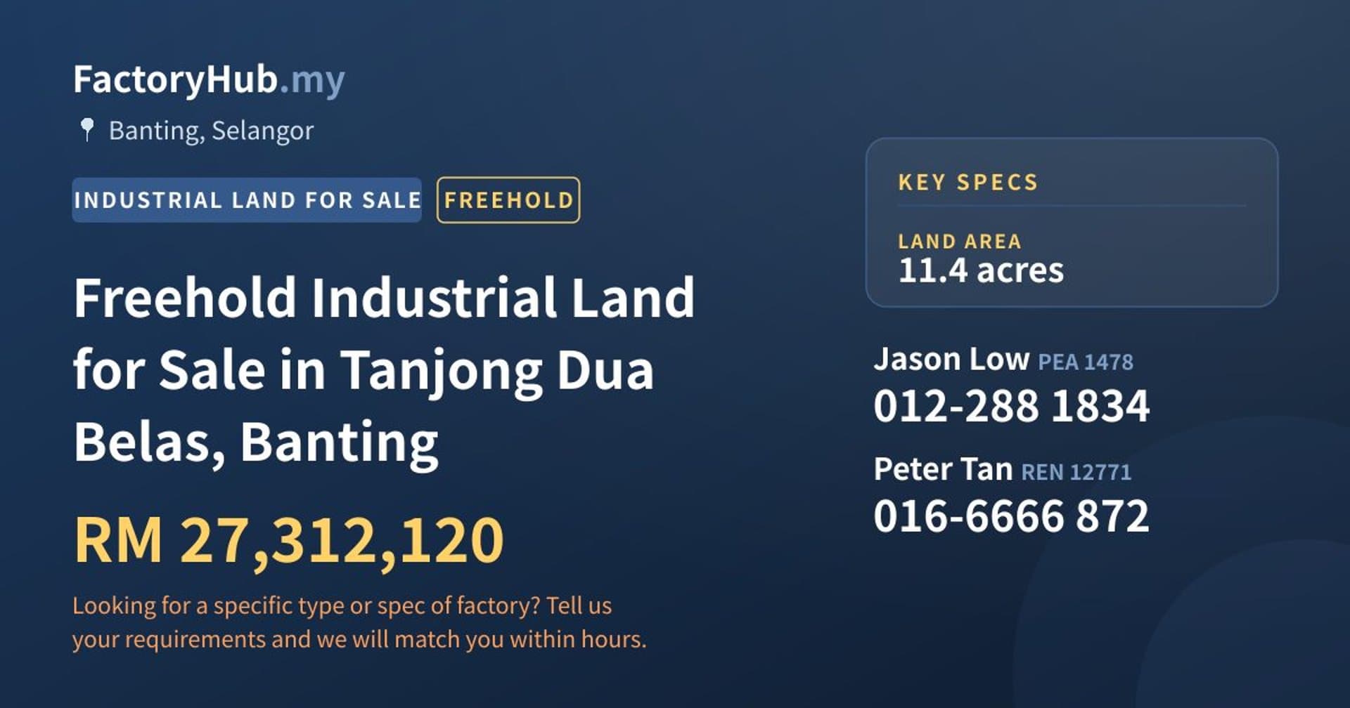 Freehold Industrial Land for Sale in Tanjong Dua Belas, Banting - Property image 1 of 2