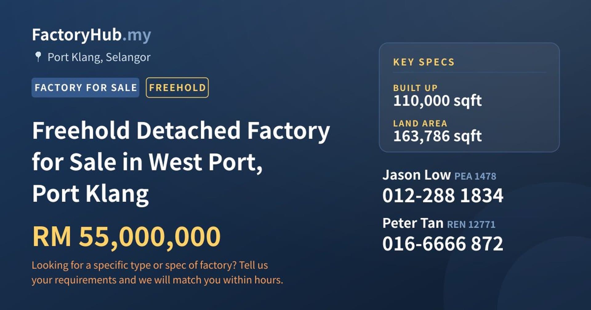Freehold Detached Factory for Sale in West Port, Port Klang - Property image 1 of 2