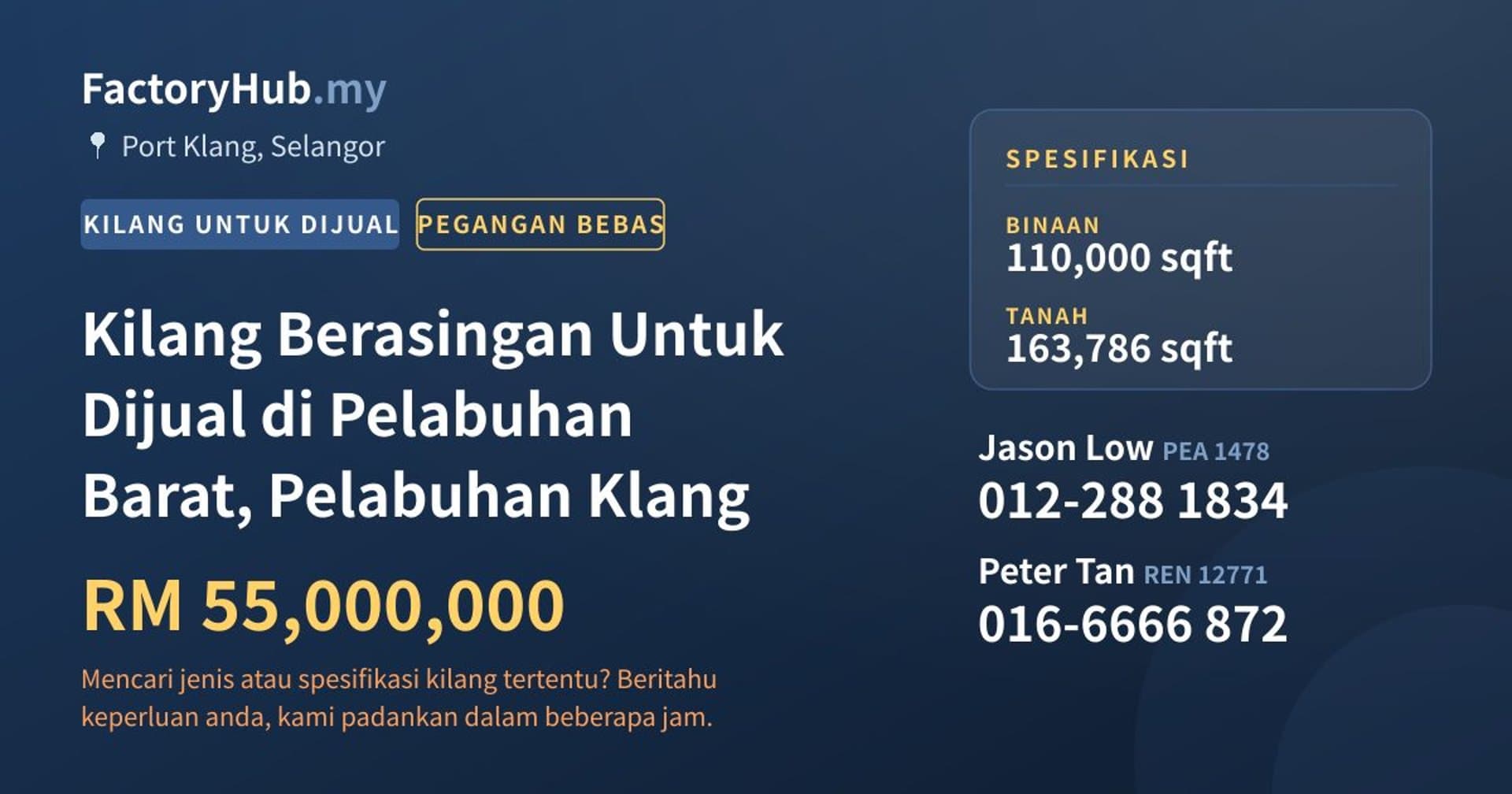Kilang Berasingan Untuk Dijual di Pelabuhan Barat, Pelabuhan Klang · Imej hartanah 1/2