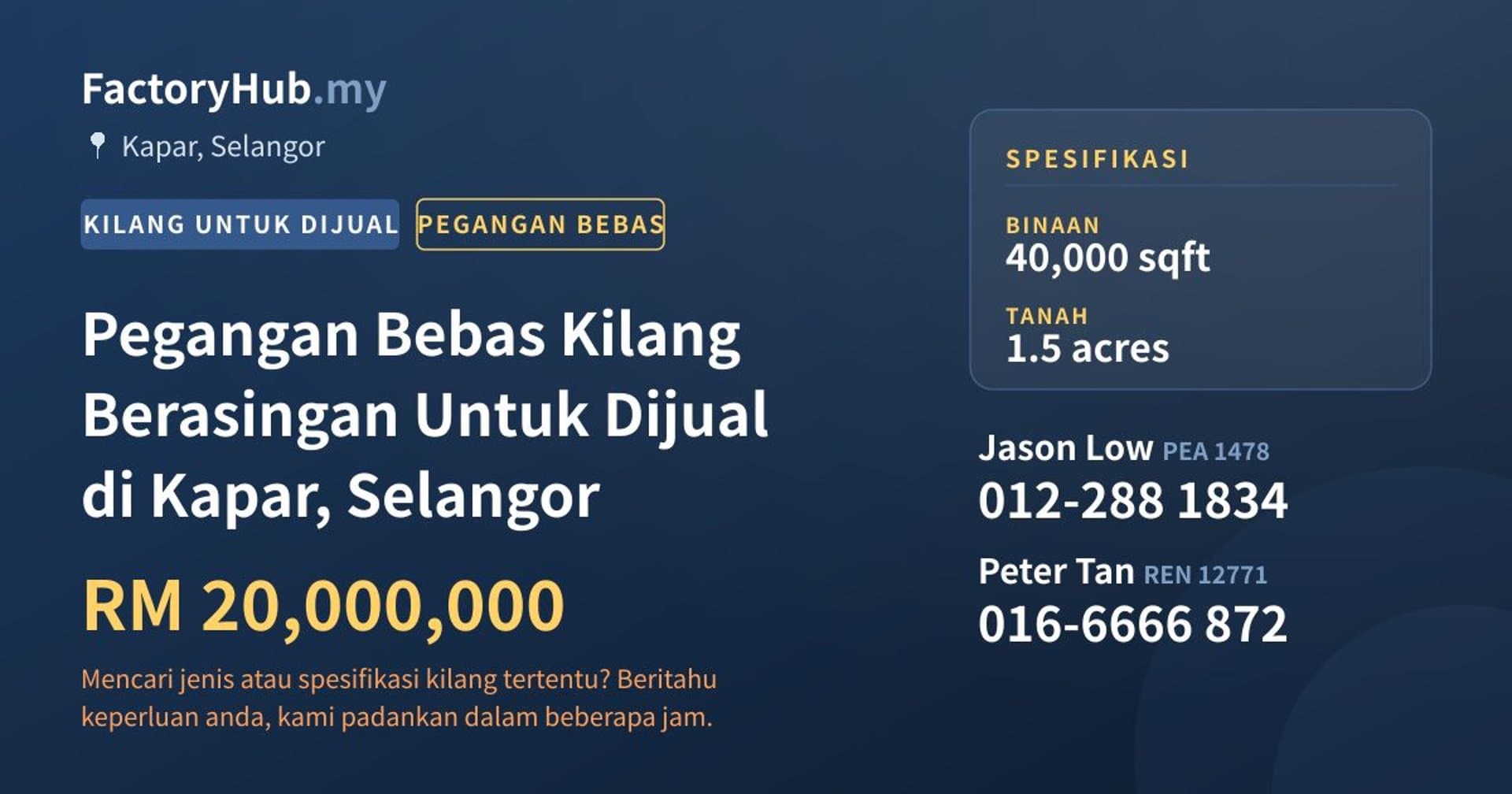 Pegangan Bebas Kilang Berasingan Untuk Dijual di Kapar, Selangor · Imej hartanah 1/2
