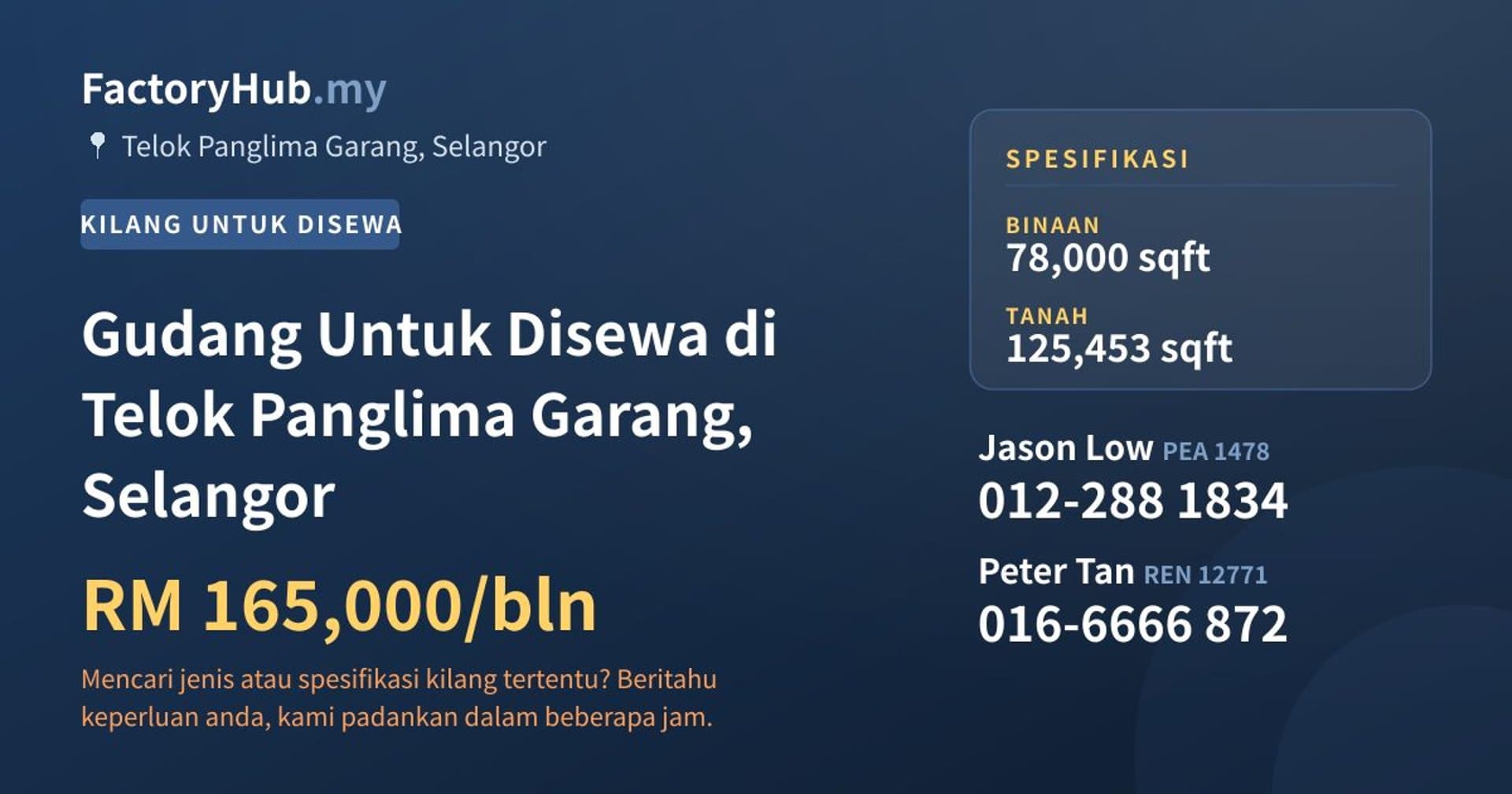 Gudang Untuk Disewa di Telok Panglima Garang, Selangor · Imej hartanah 1/2