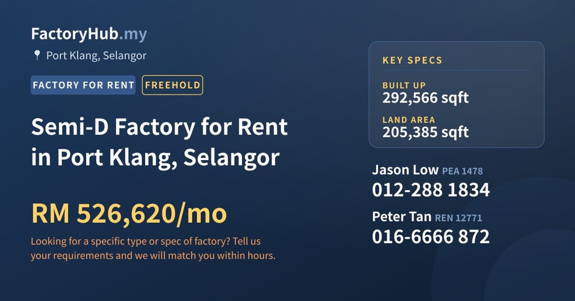 Semi-D Factory for Rent in Port Klang, Selangor - Property image 1 of 2