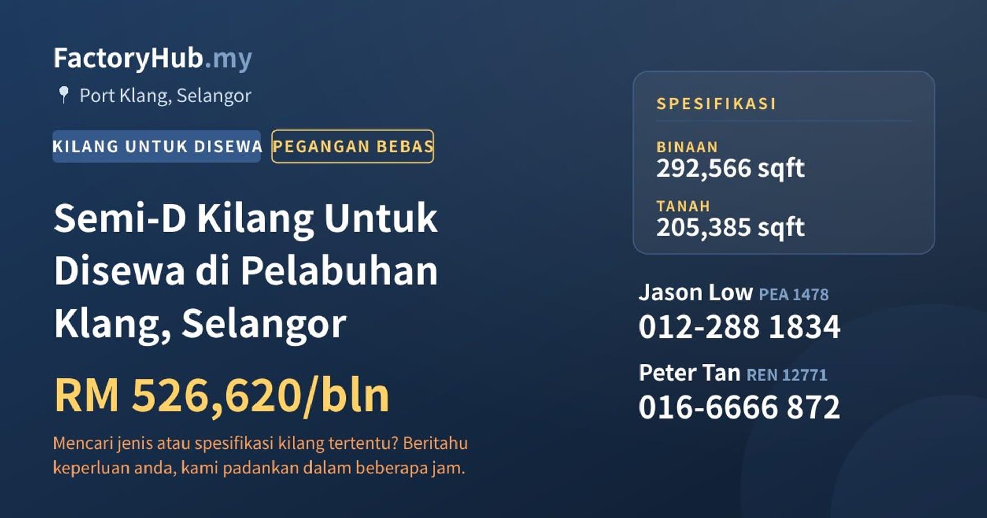 Semi-D Kilang Untuk Disewa di Pelabuhan Klang, Selangor · Imej hartanah 1/2