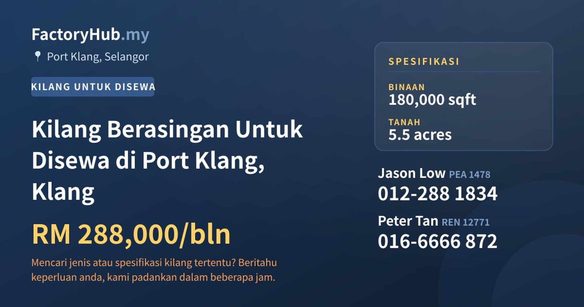 Kilang Berasingan Untuk Disewa di Port Klang, Klang · Imej hartanah 1/2