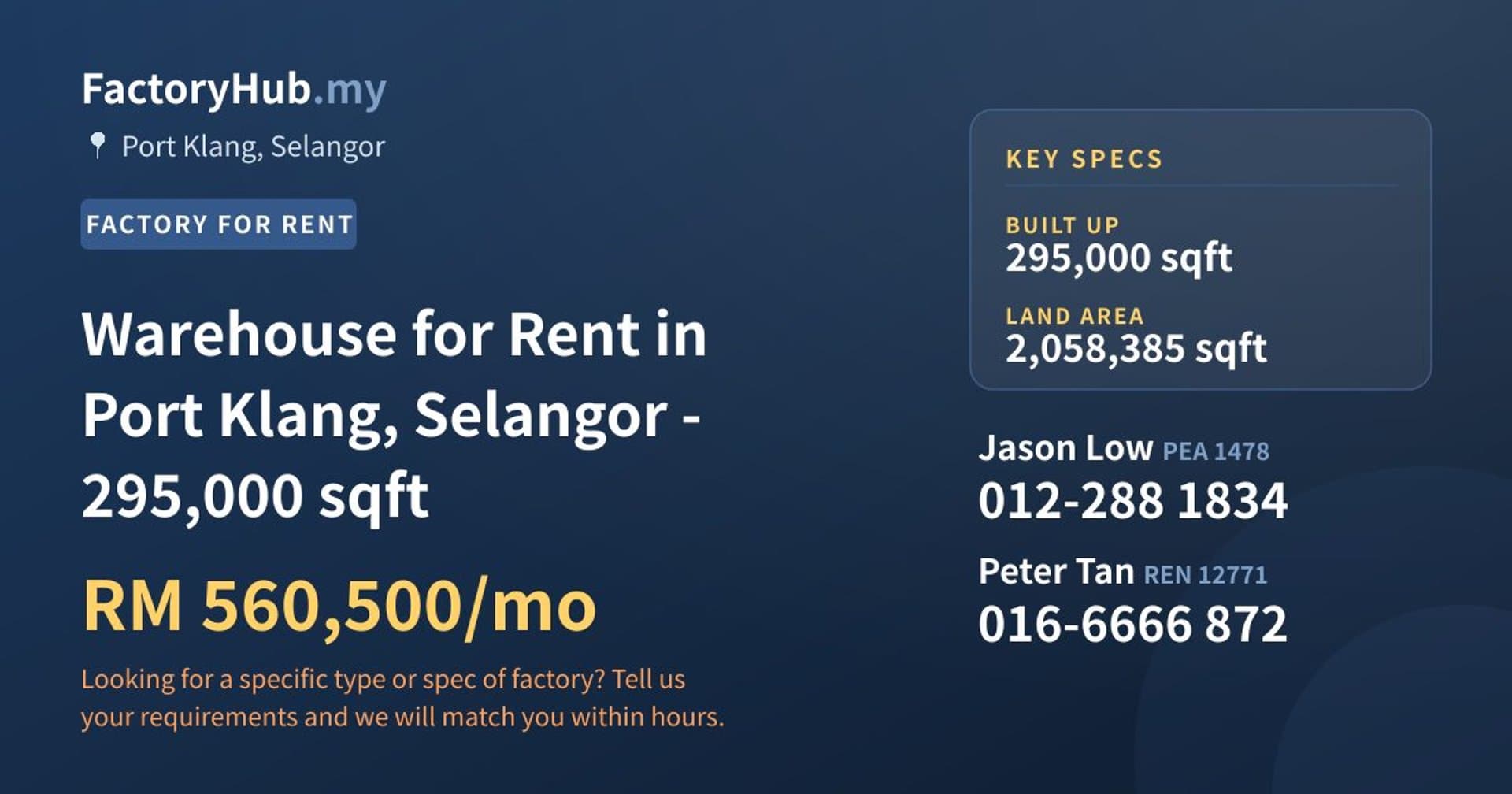 Warehouse for Rent in Port Klang, Selangor - 295,000 sqft - Property image 1 of 2