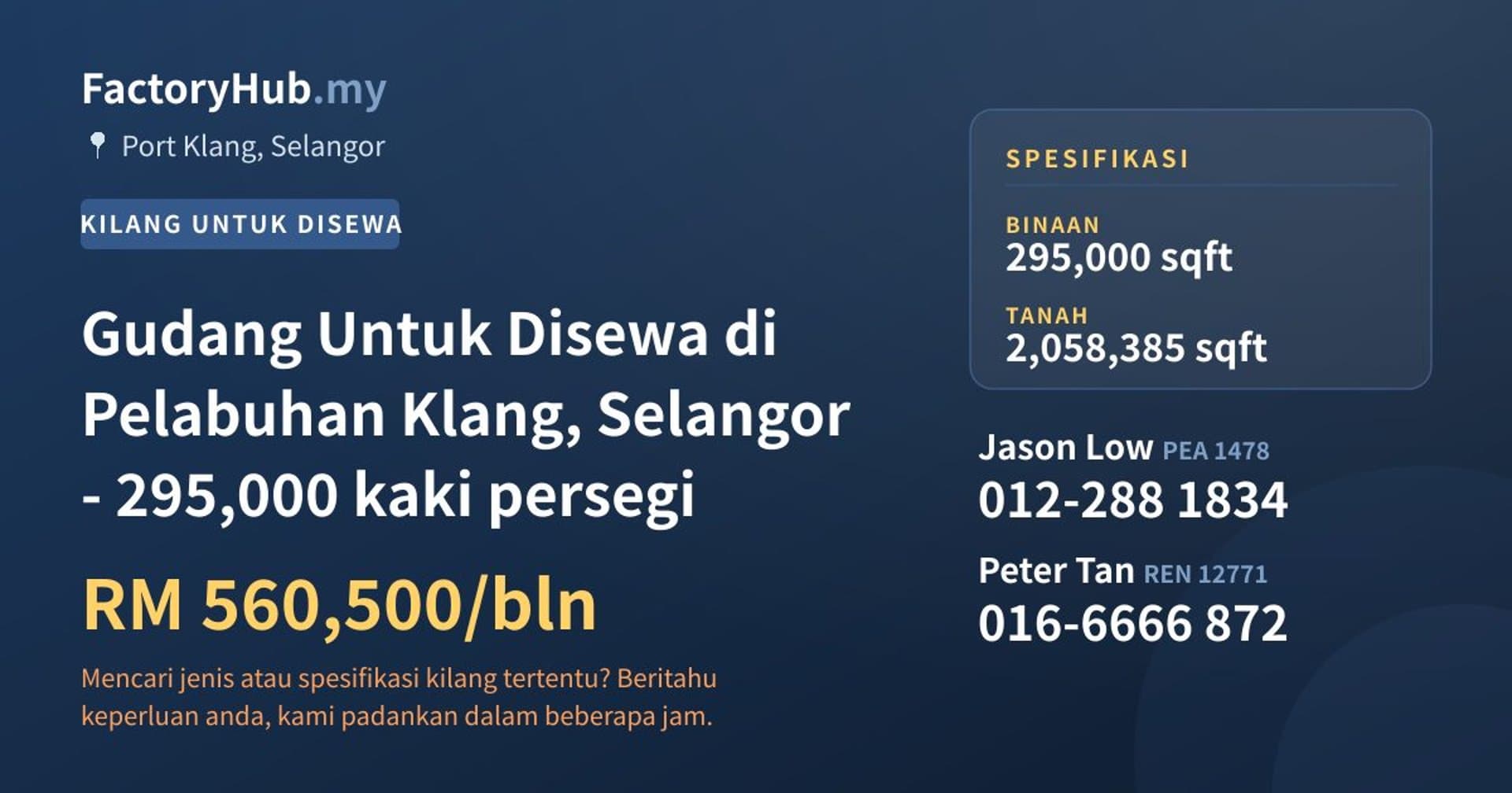 Gudang Untuk Disewa di Pelabuhan Klang, Selangor - 295,000 kaki persegi · Imej hartanah 1/2