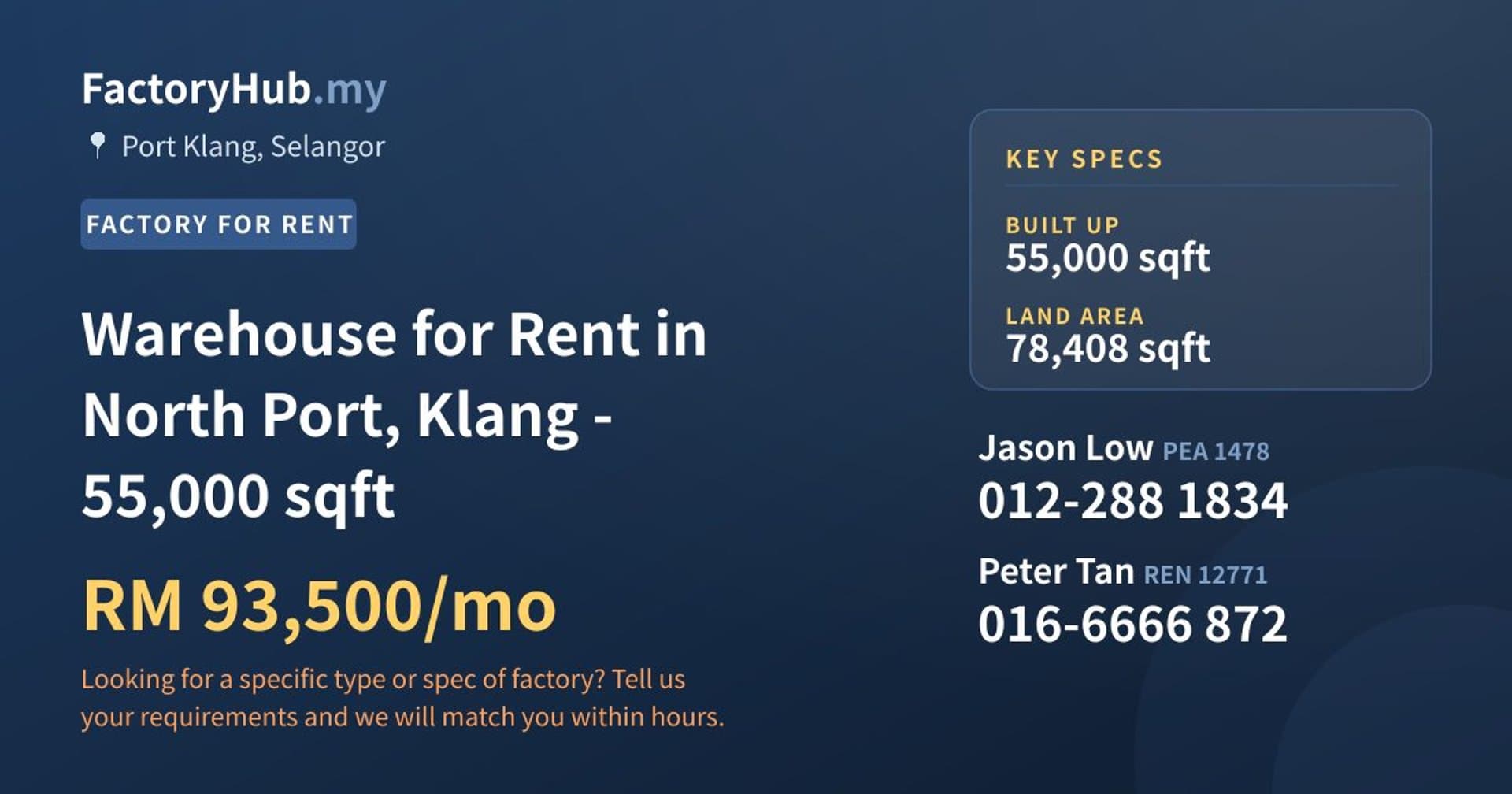 Warehouse for Rent in North Port, Klang - 55,000 sqft - Property image 1 of 2