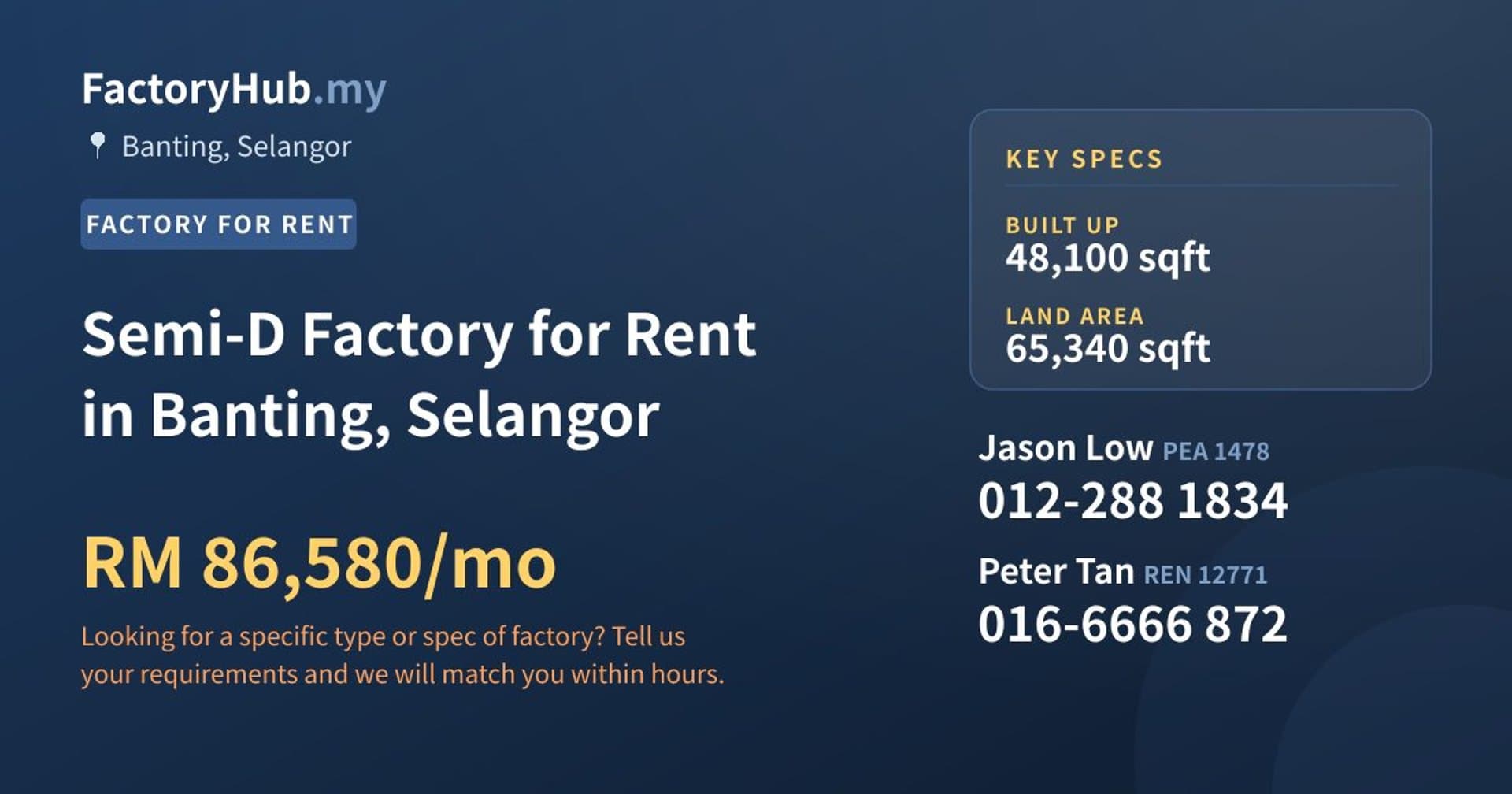 Semi-D Factory for Rent in Banting, Selangor - Property image 1 of 2