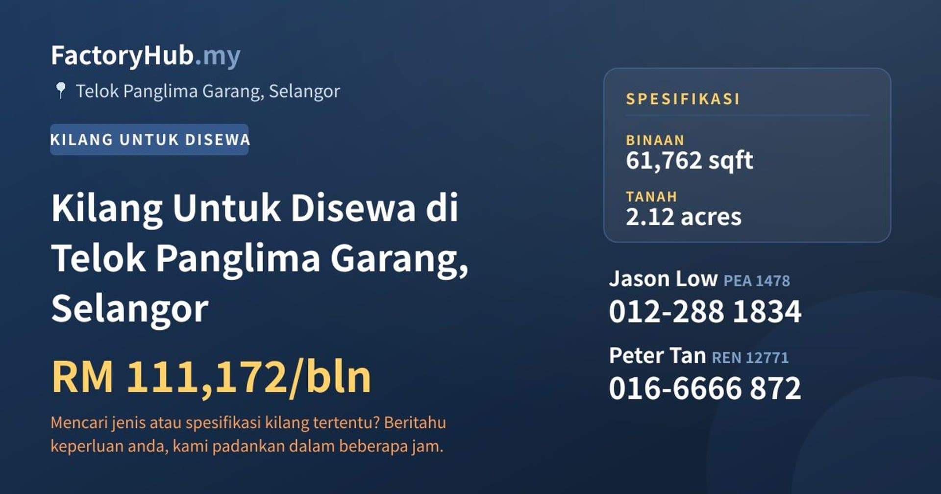 Kilang Untuk Disewa di Telok Panglima Garang, Selangor · Imej hartanah 1/2