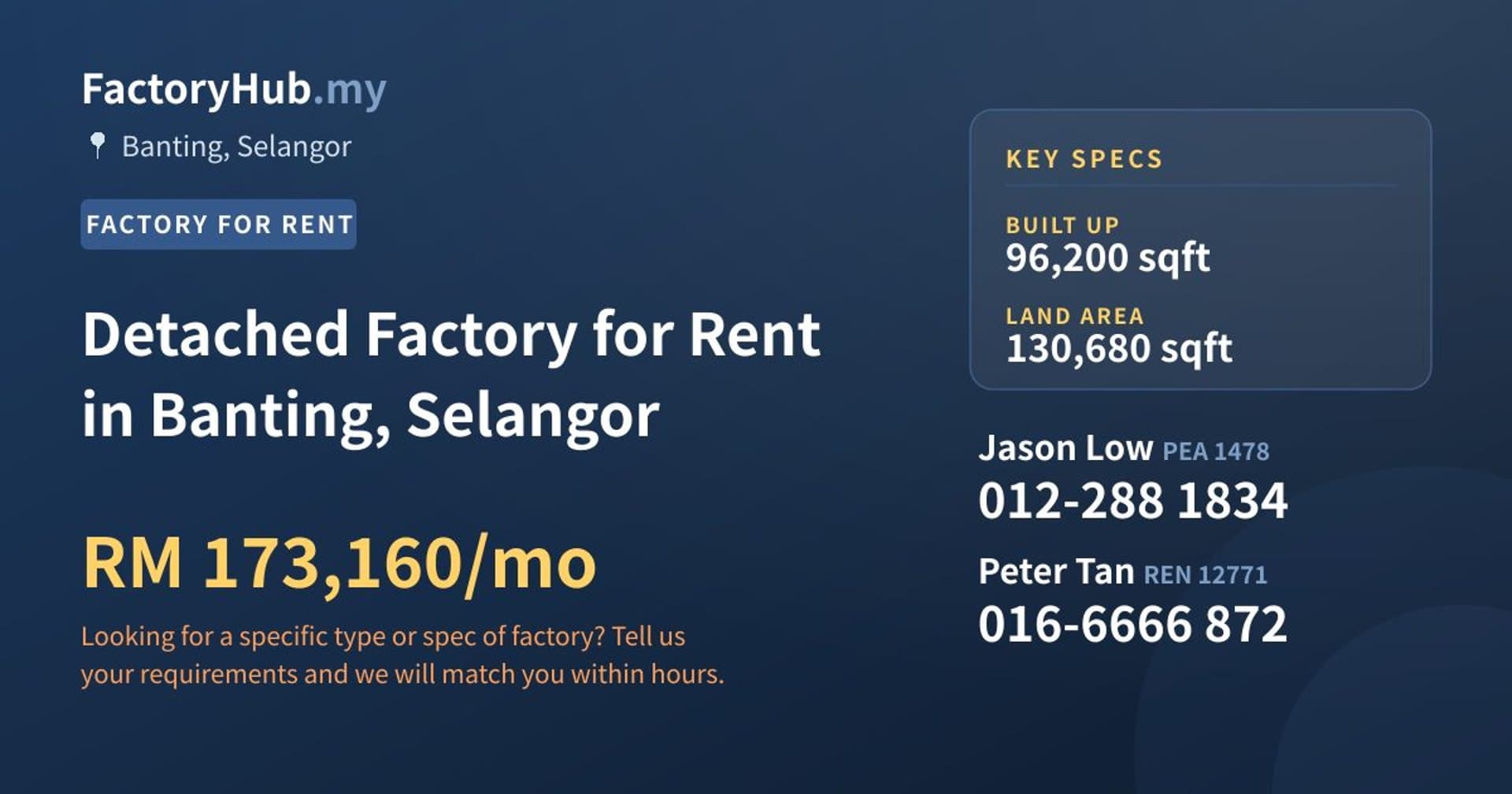Detached Factory for Rent in Banting, Selangor - Property image 1 of 2
