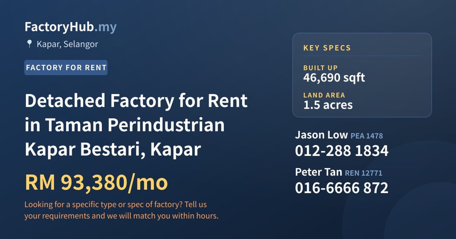Detached Factory for Rent in Taman Perindustrian Kapar Bestari, Kapar - Property image 1 of 2