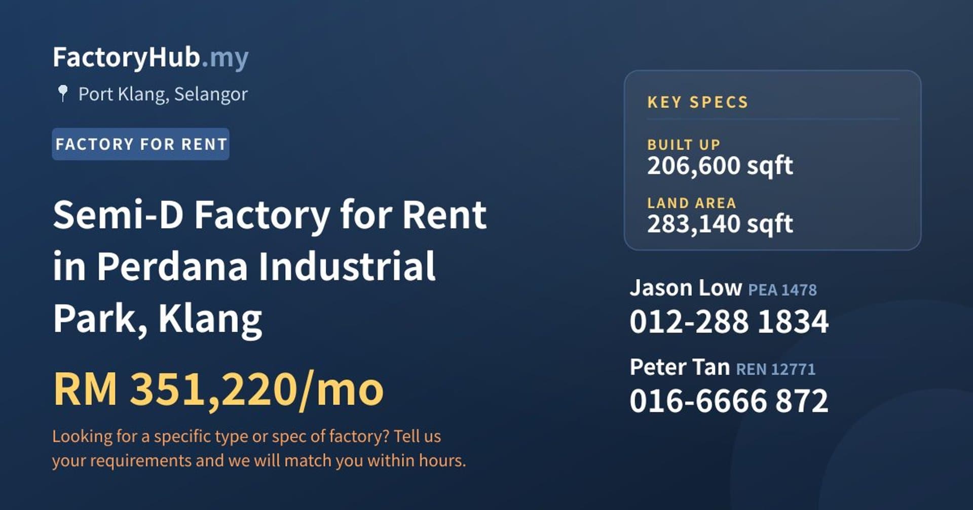 Semi-D Factory for Rent in Perdana Industrial Park, Klang - Property image 1 of 2