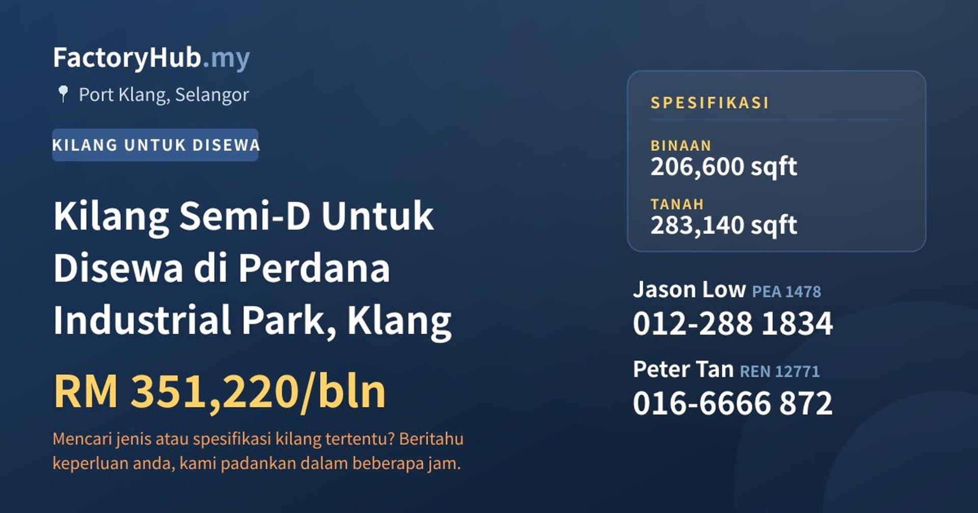 Kilang Semi-D Untuk Disewa di Perdana Industrial Park, Klang · Imej hartanah 1/2