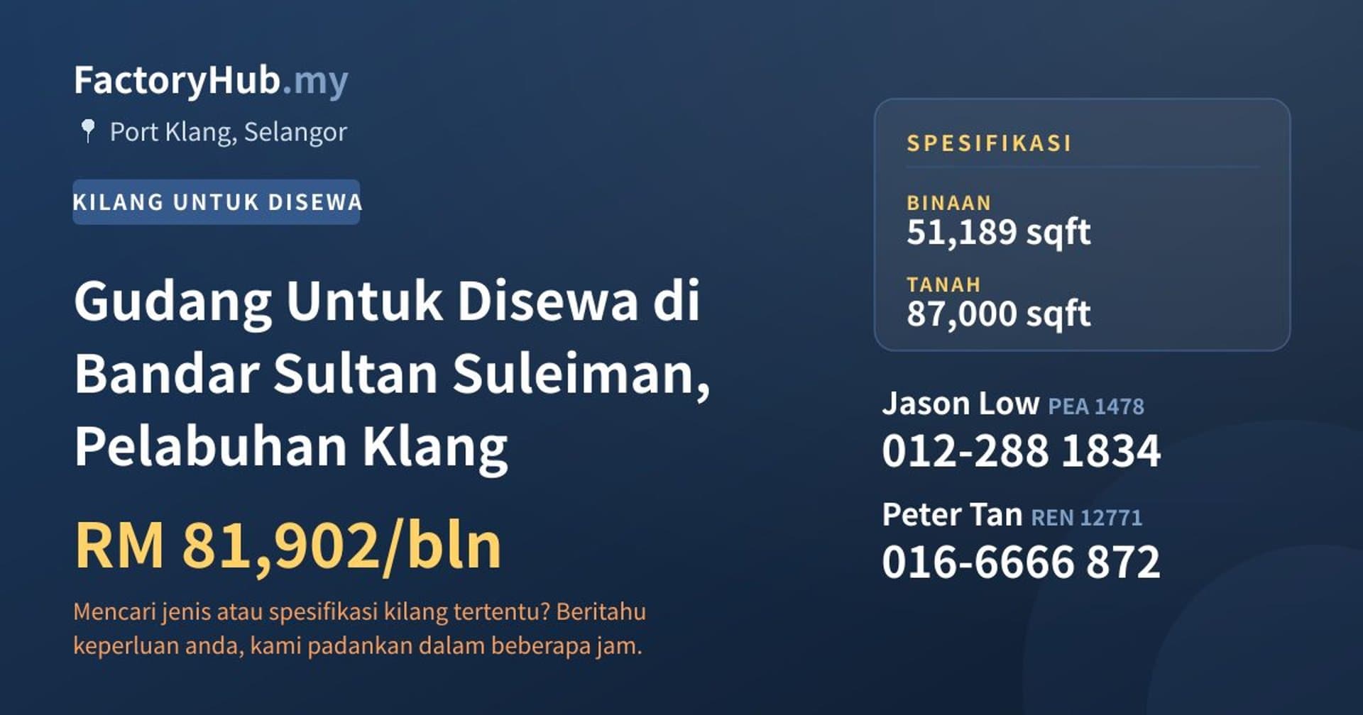Gudang Untuk Disewa di Bandar Sultan Suleiman, Pelabuhan Klang · Imej hartanah 1/2