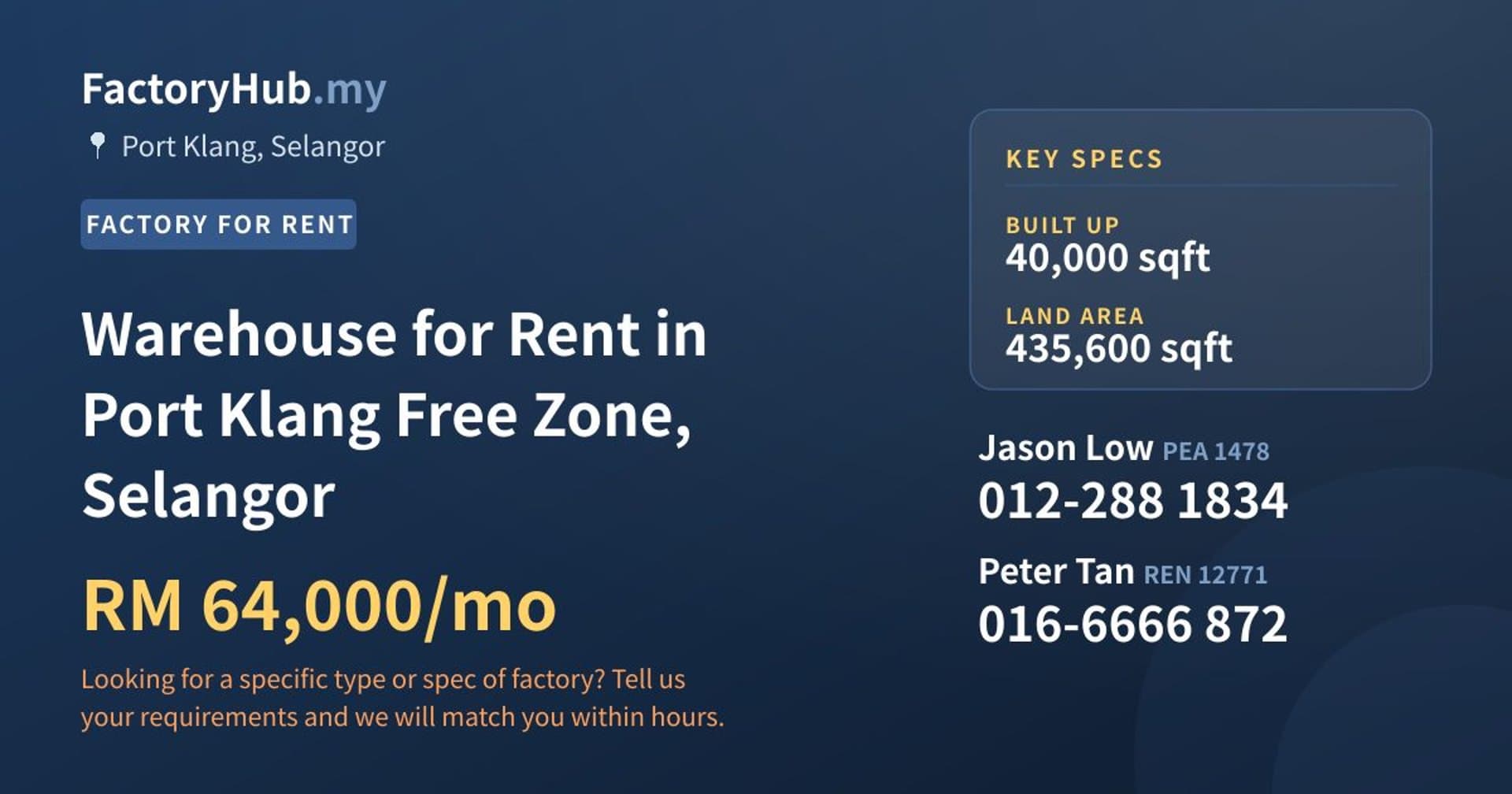 Warehouse for Rent in Port Klang Free Zone, Selangor - Property image 1 of 2
