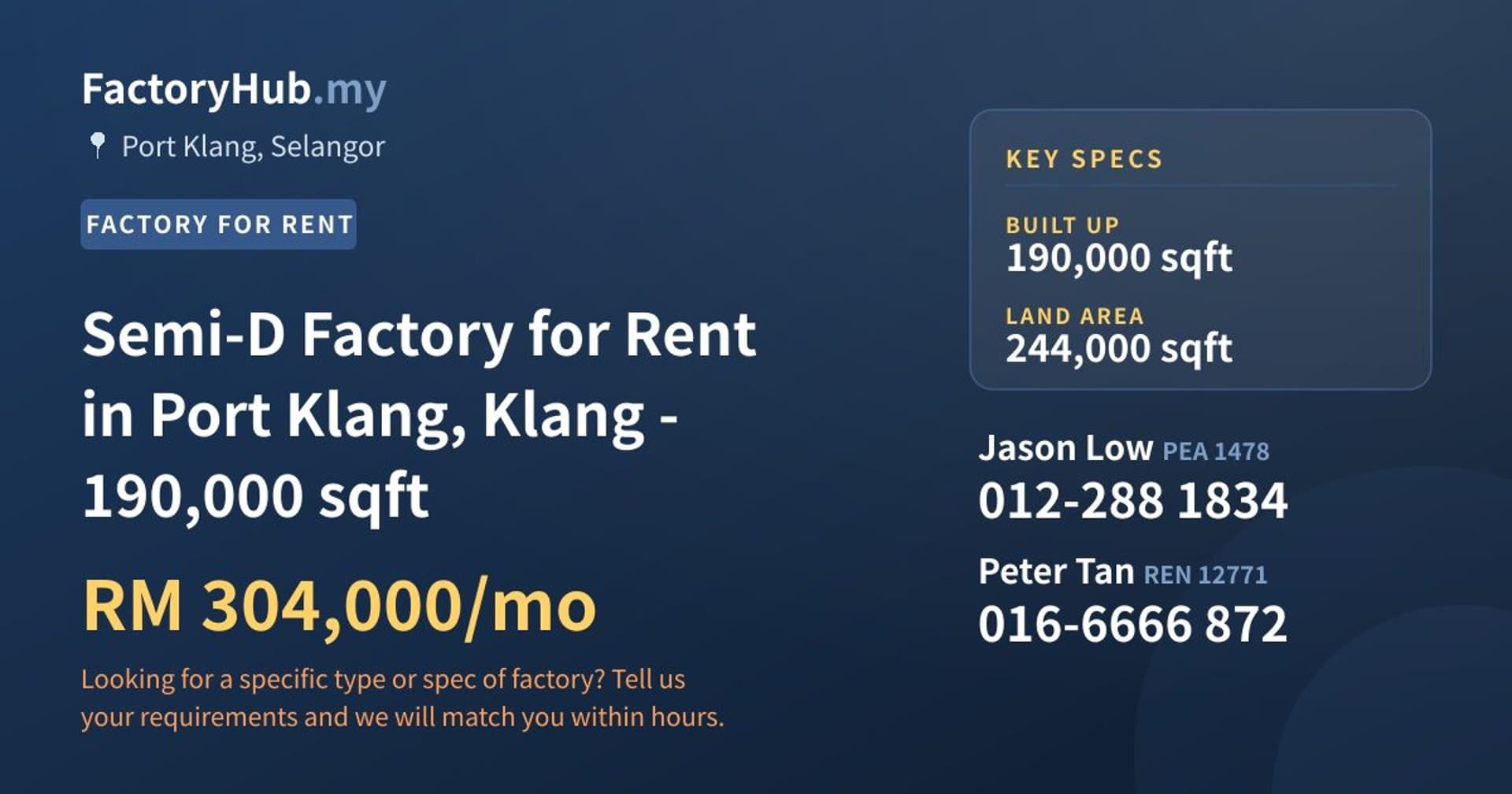 Semi-D Factory for Rent in Port Klang, Klang - 190,000 sqft - Property image 1 of 2
